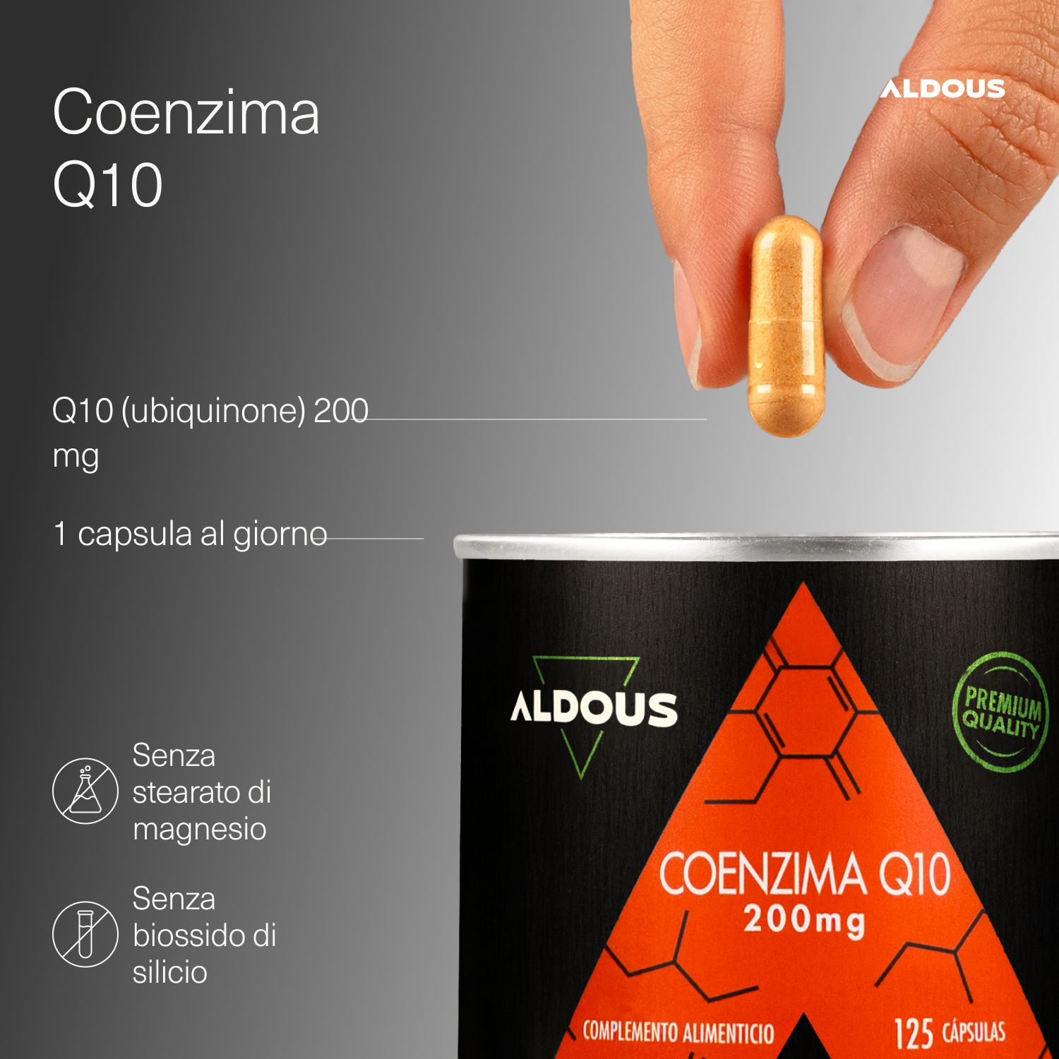 Mano che tiene una capsula Aldous Coenzima Q10 (200mg). Lattina sullo sfondo. Indicazioni senza magnesio e senza silicio.