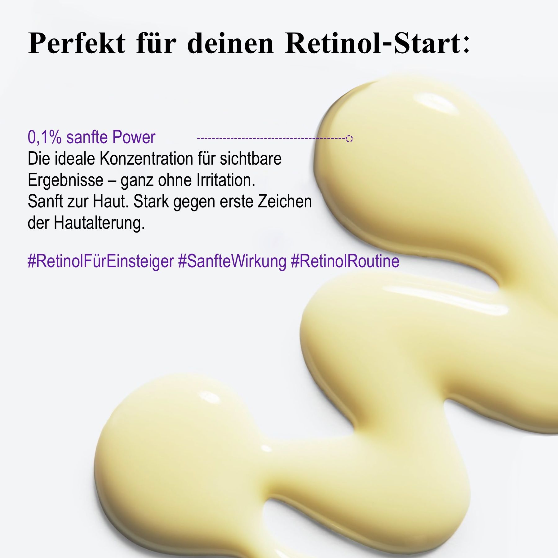 Testo sulla concentrazione ideale. Gocce di siero su sfondo bianco. Scritta: Retinol Intense Reactivating Serum.