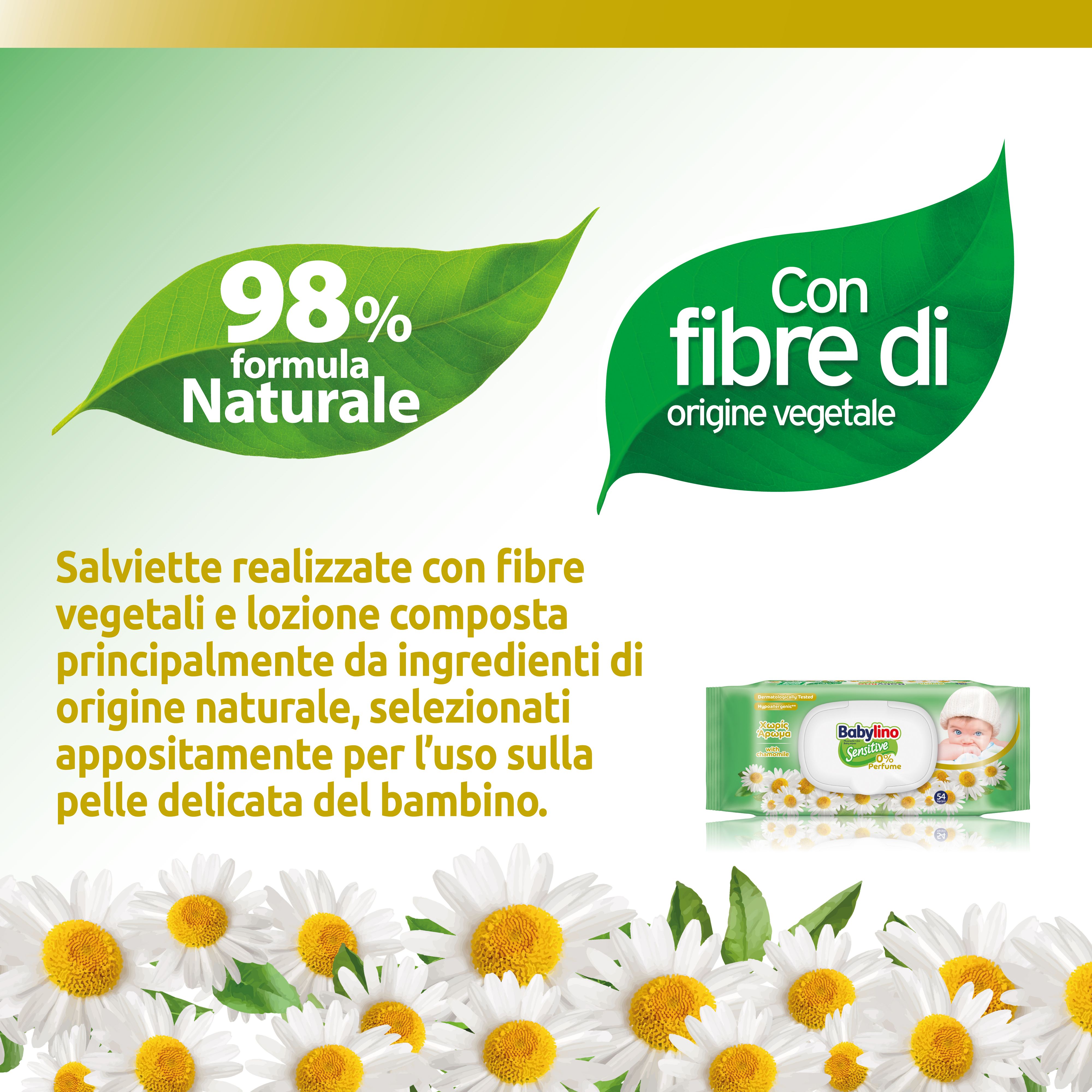 Foglie con testo: 98% formula naturale, con fibre vegetali. Pacchetto Babylino con camomilla.