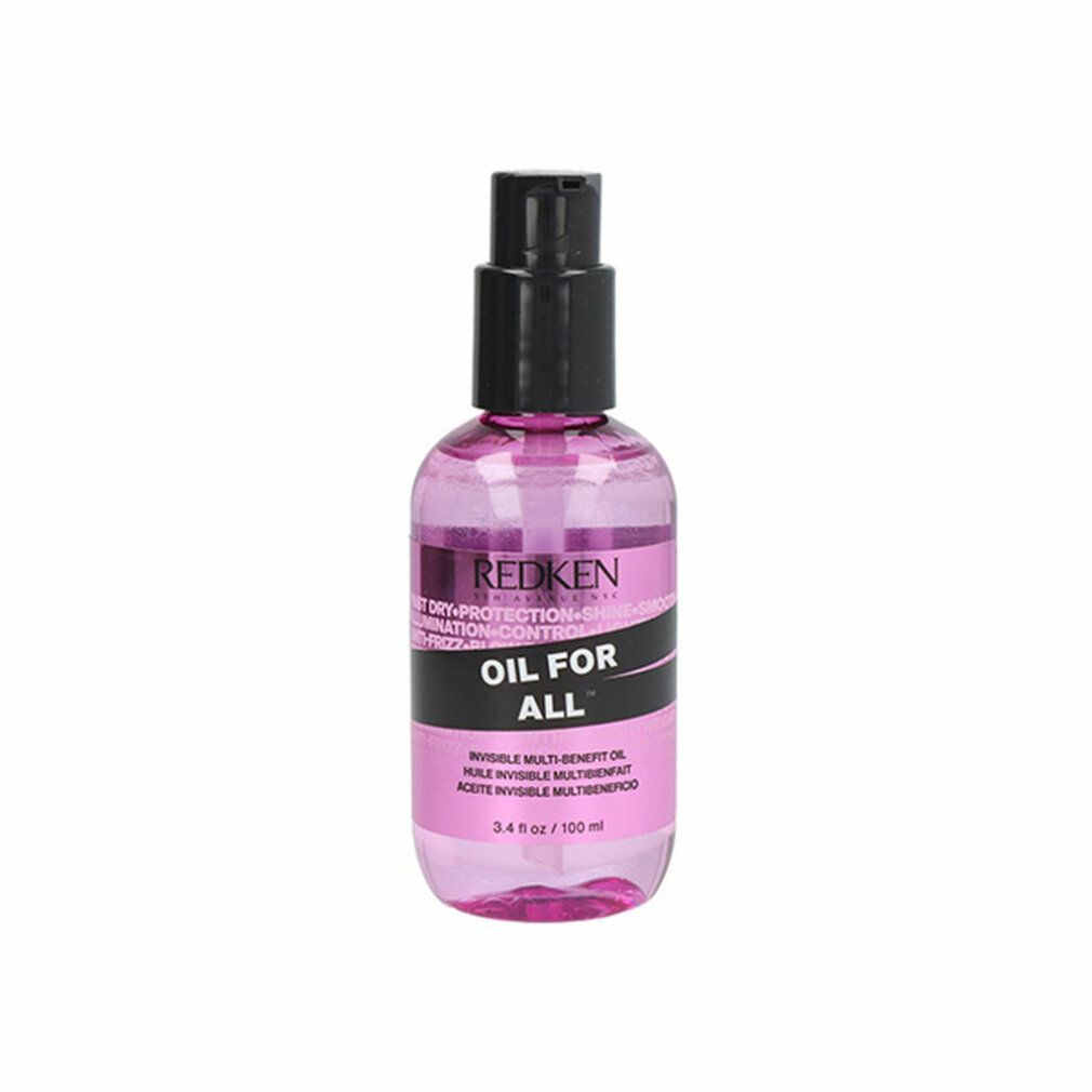 Flacone trasparente con dosatore nero. Scritta: REDKEN, OIL FOR ALL. Etichetta con informazioni sul prodotto.