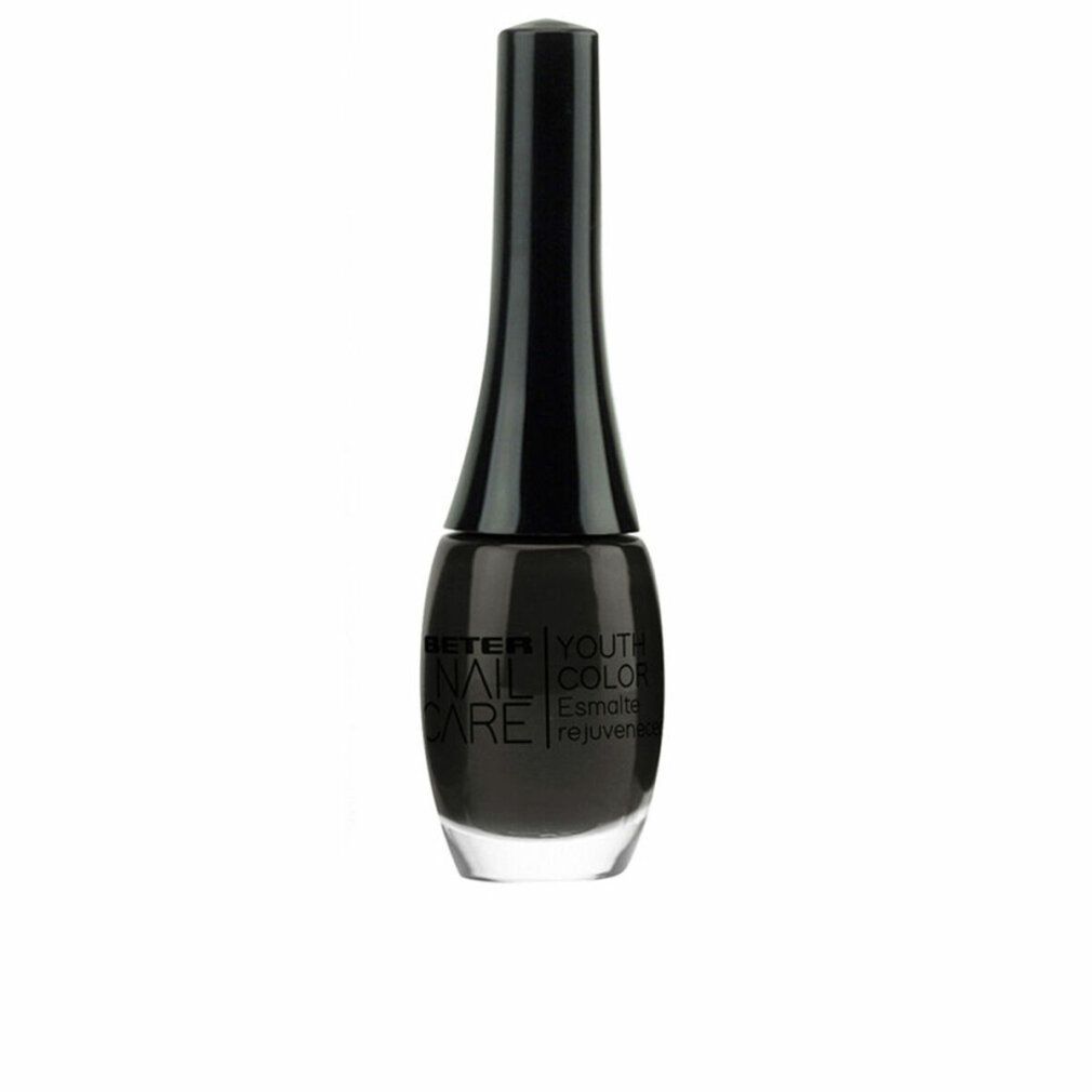 Flacone di smalto Midnight Black. Flacone nero con tappo nero. Scritta: Beter Youth Nail Care.