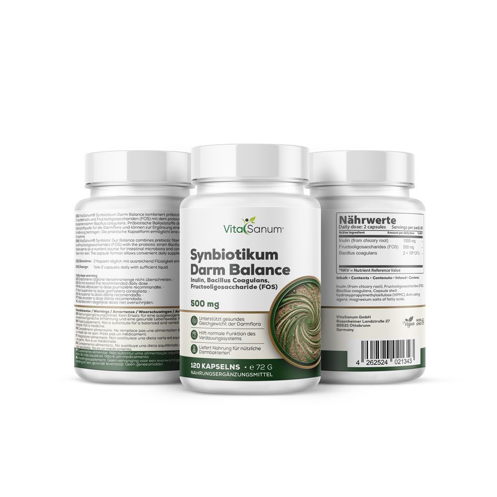 Tre contenitori VitaSanum Synbiotikum Darm Balance. Il contenitore anteriore mostra l'etichetta con il nome del prodotto e le informazioni nutrizionali.