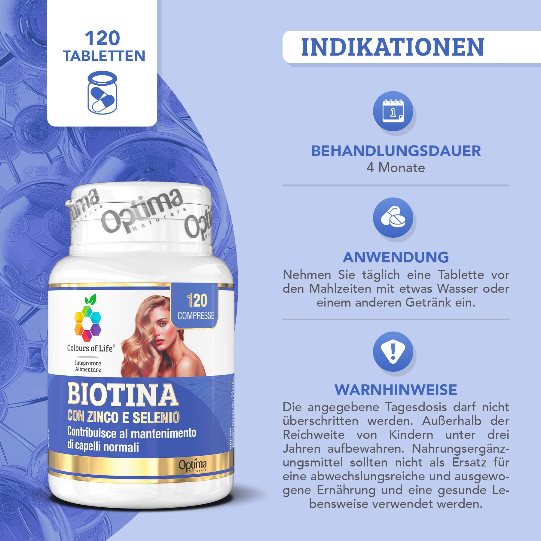 Biotina flacone da 120 compresse, indicazioni d'uso e avvertenze.