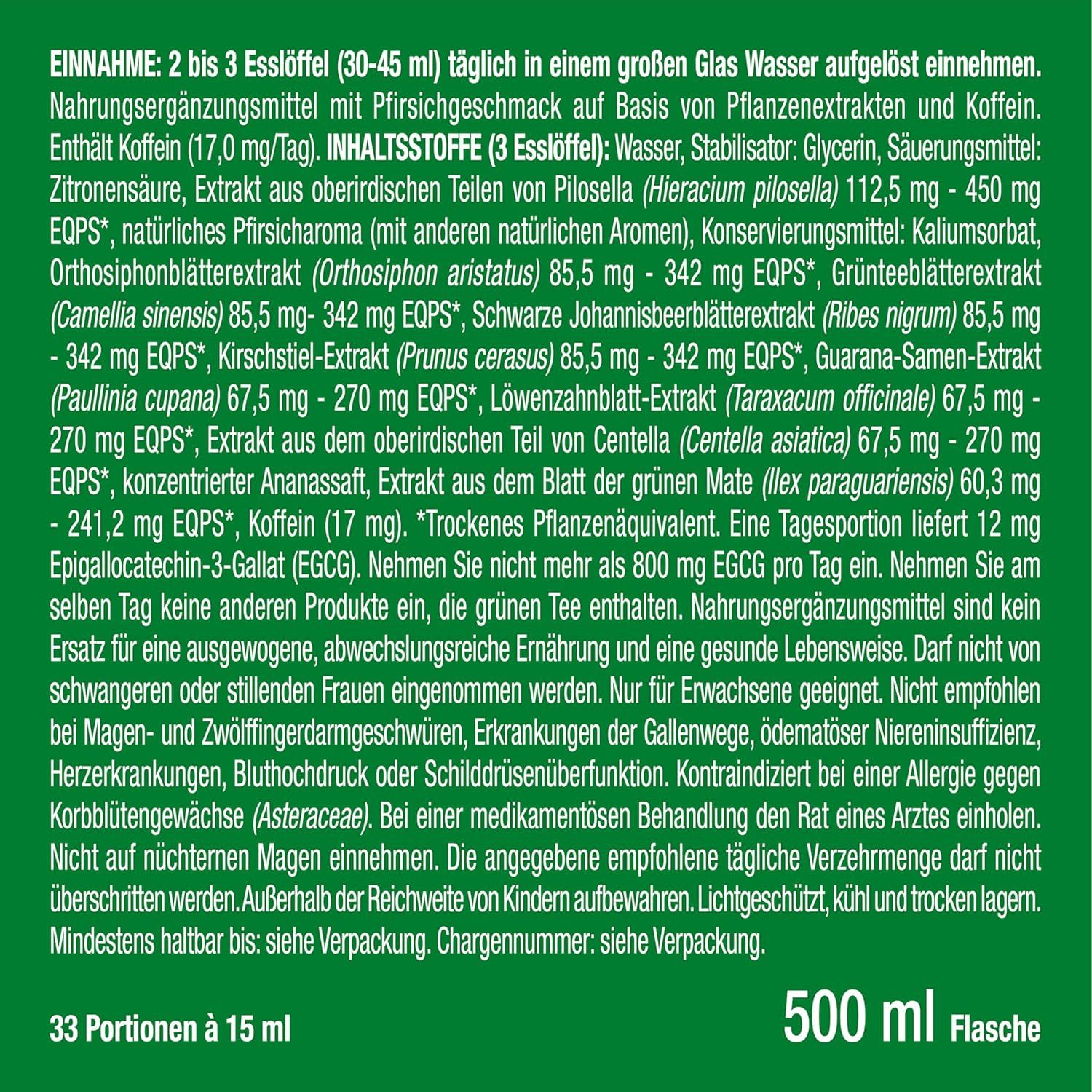 Testo su sfondo verde. Testo: Assunzione: 2-3 cucchiai (30-45 ml) al giorno. Bottiglia da 500 ml.