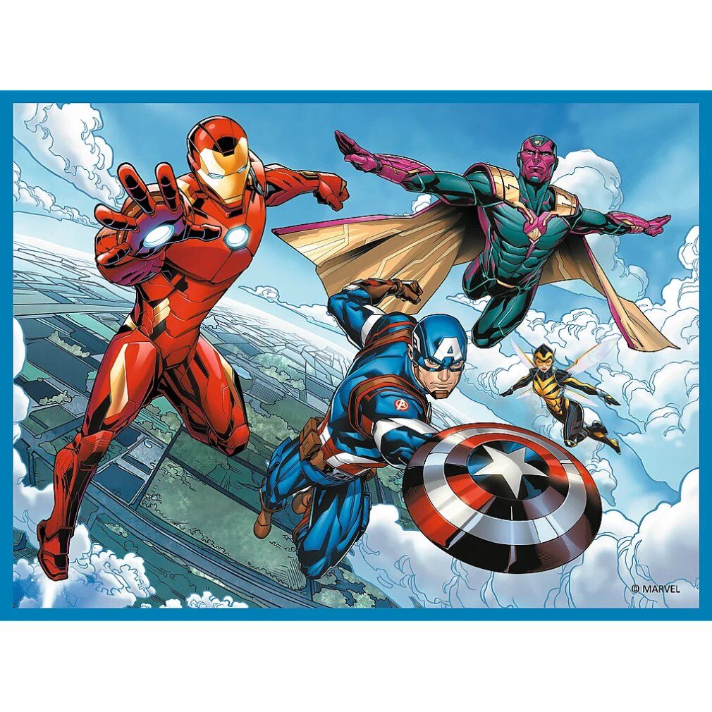 Puzzle con eroi Avengers. Iron Man, Captain America, Vision e Wasp raffigurati. Cielo come sfondo.