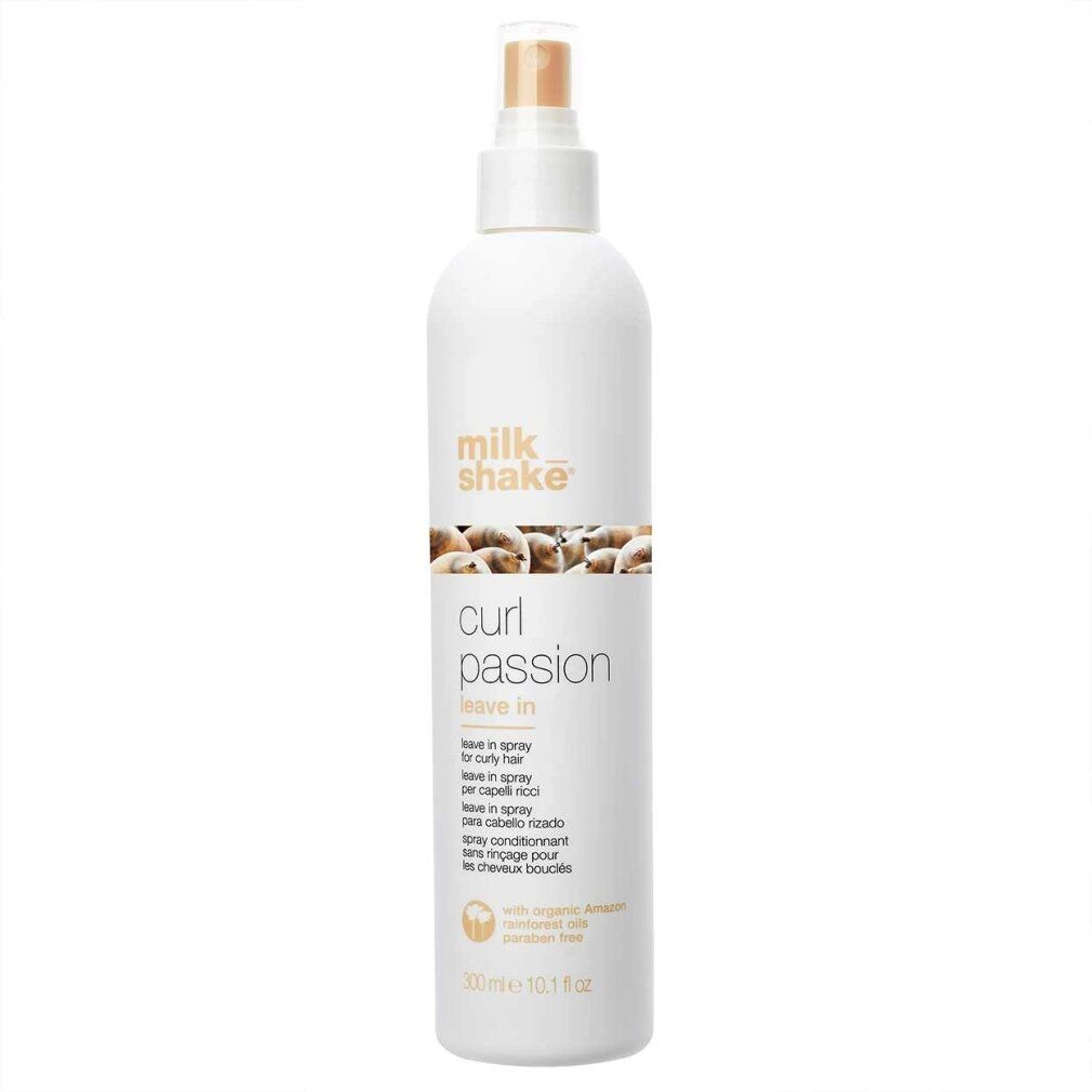 Flacone bianco con vaporizzatore. Scritta: Milk Shake, Curl Passion Leave In. Testo in nero. 300 ml.