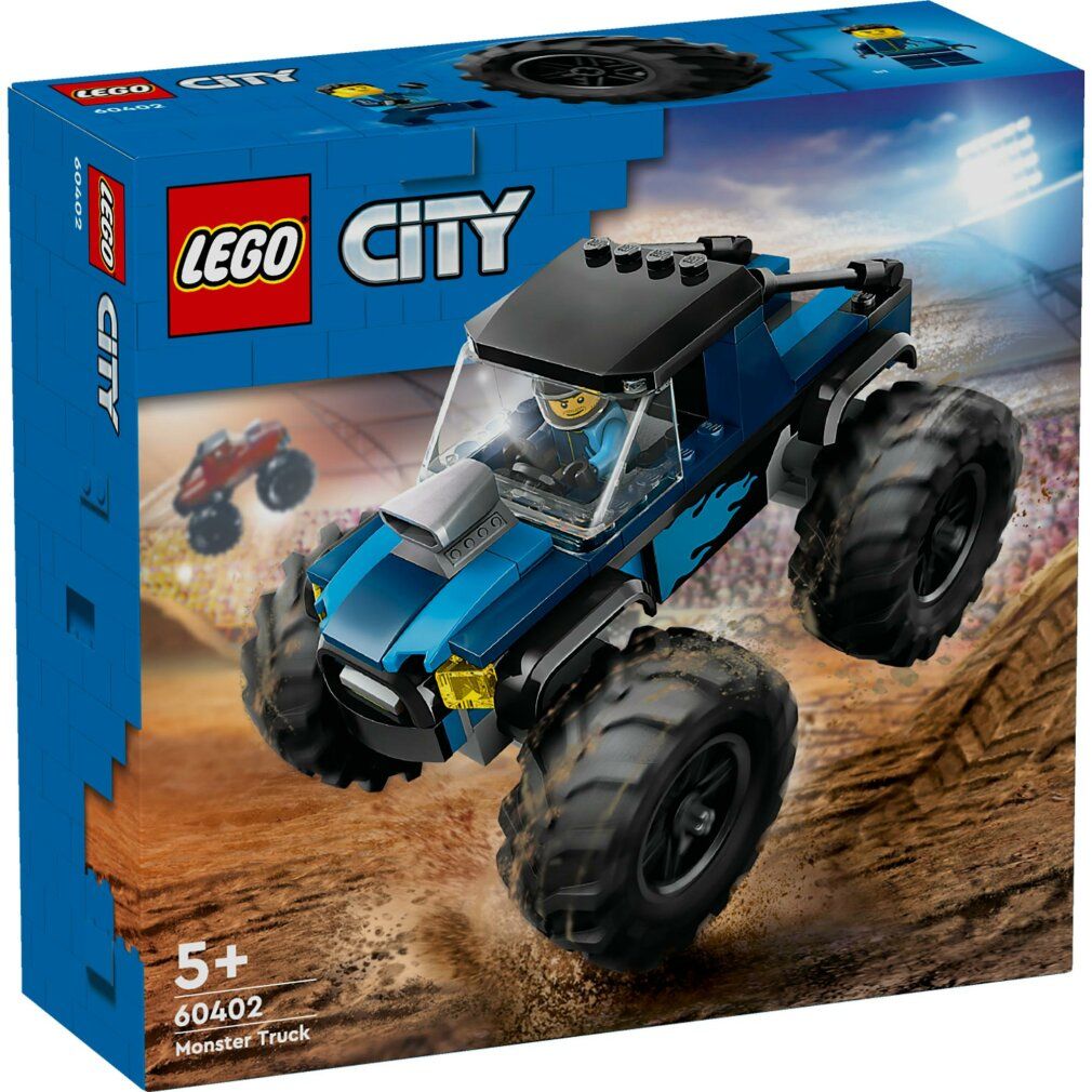 Monster truck LEGO City blu, 5+. Scritte: LEGO City, 60402. Il camion salta su una pista di sabbia. Pneumatici neri, personaggio.