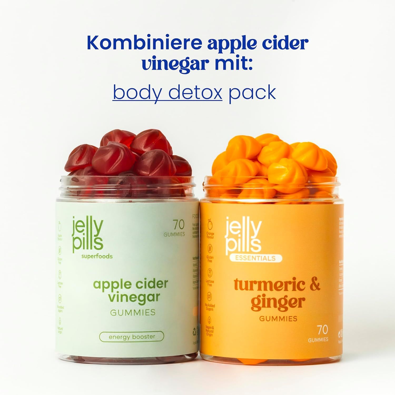 Due barattoli di caramelle gommose. A sinistra: aceto di mele. A destra: curcuma e zenzero. 70 caramelle.
