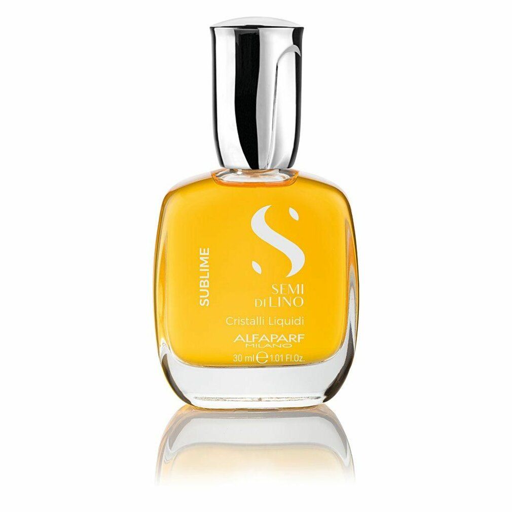 Flacone di vetro giallo con tappo argentato. Scritta: Sublime, Semi Di Lino Cristalli Liquidi, Alfaparf Milano. 30 ml.