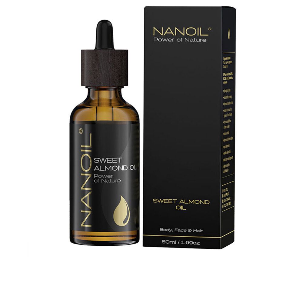 Flacone di vetro marrone con pipetta e confezione nera. Scritta: Nanoil Sweet Almond Oil. Goccia dorata.