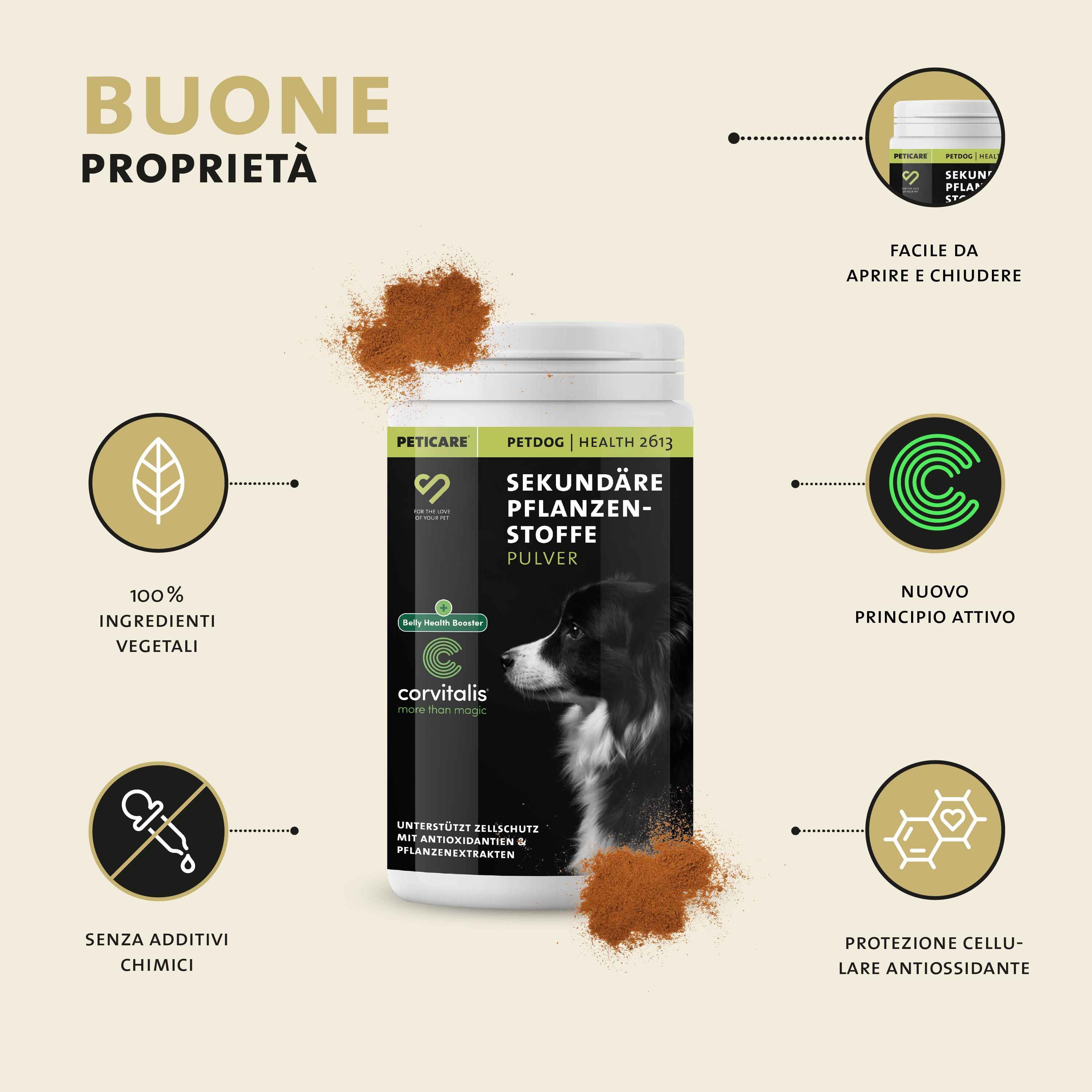 Peticare Polvere di fitocomposti secondari per cani, "Buone Proprietà".