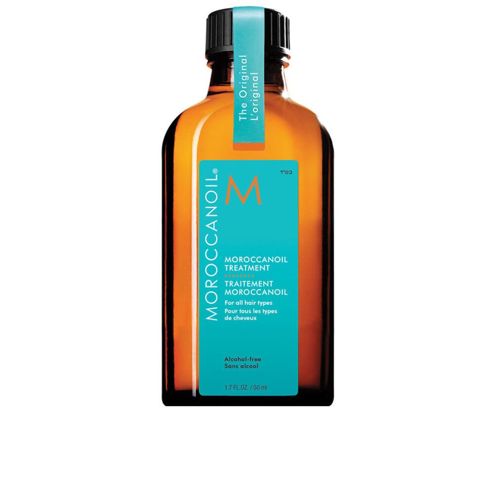 Bottiglia Moroccanoil Treatment. Vetro ambrato con etichetta turchese, logo 'M' arancione e tappo nero.