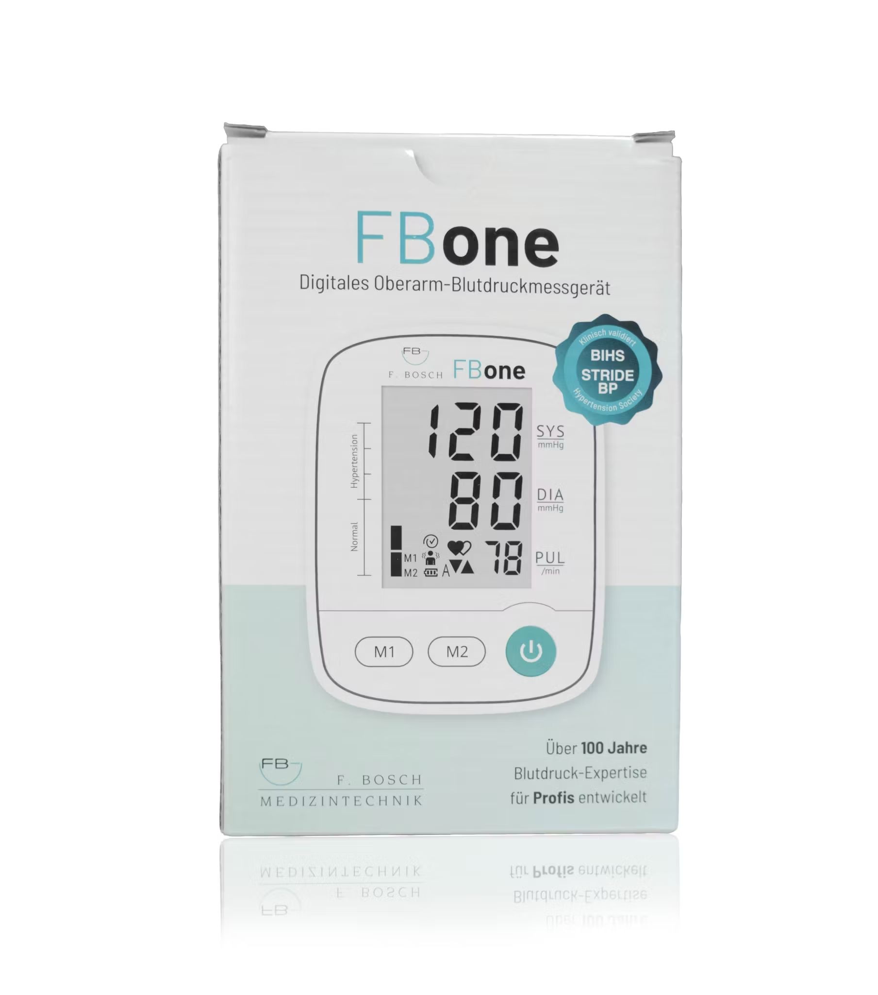 Misuratore di pressione da braccio FBone su confezione. Mostra valori e sigillo BH Stripe.