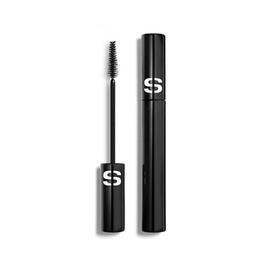 Tubo di mascara nero con spazzola. 'S' bianco sul tubo. Spazzola con setole.