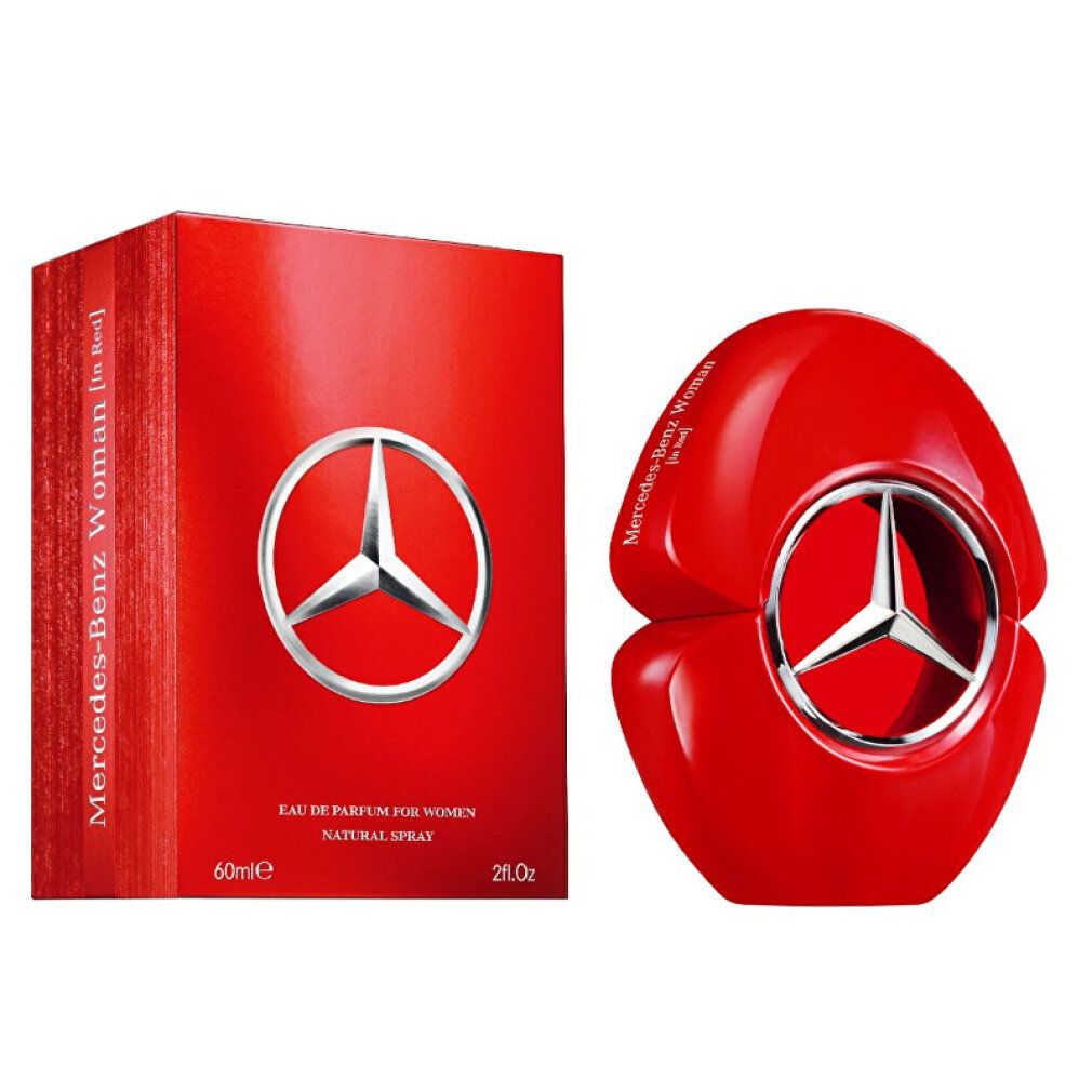 Flacone rosso con logo a stella argentato e confezione rossa. Scritta: Mercedes-Benz Woman [In Red]. Eau de Parfum.