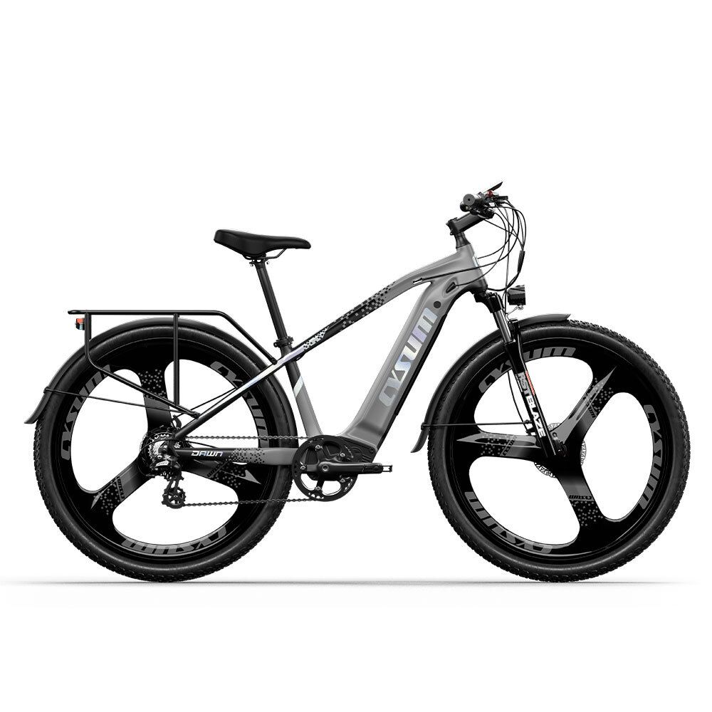 Bicicletta elettrica grigia con ruote nere. Logo CYSUM e portapacchi visibili.