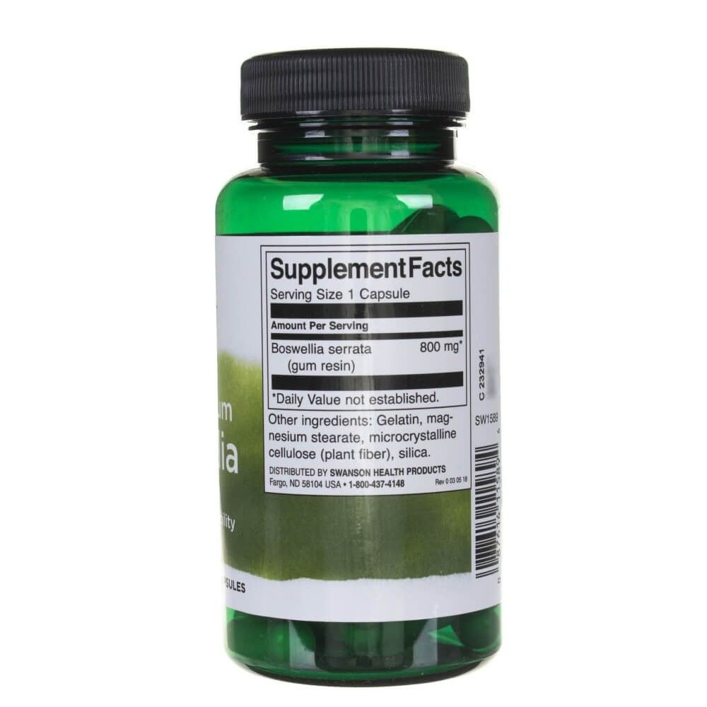 Retro di un flacone verde Swanson Boswellia a spettro completo. Informazioni nutrizionali e ingredienti visibili.