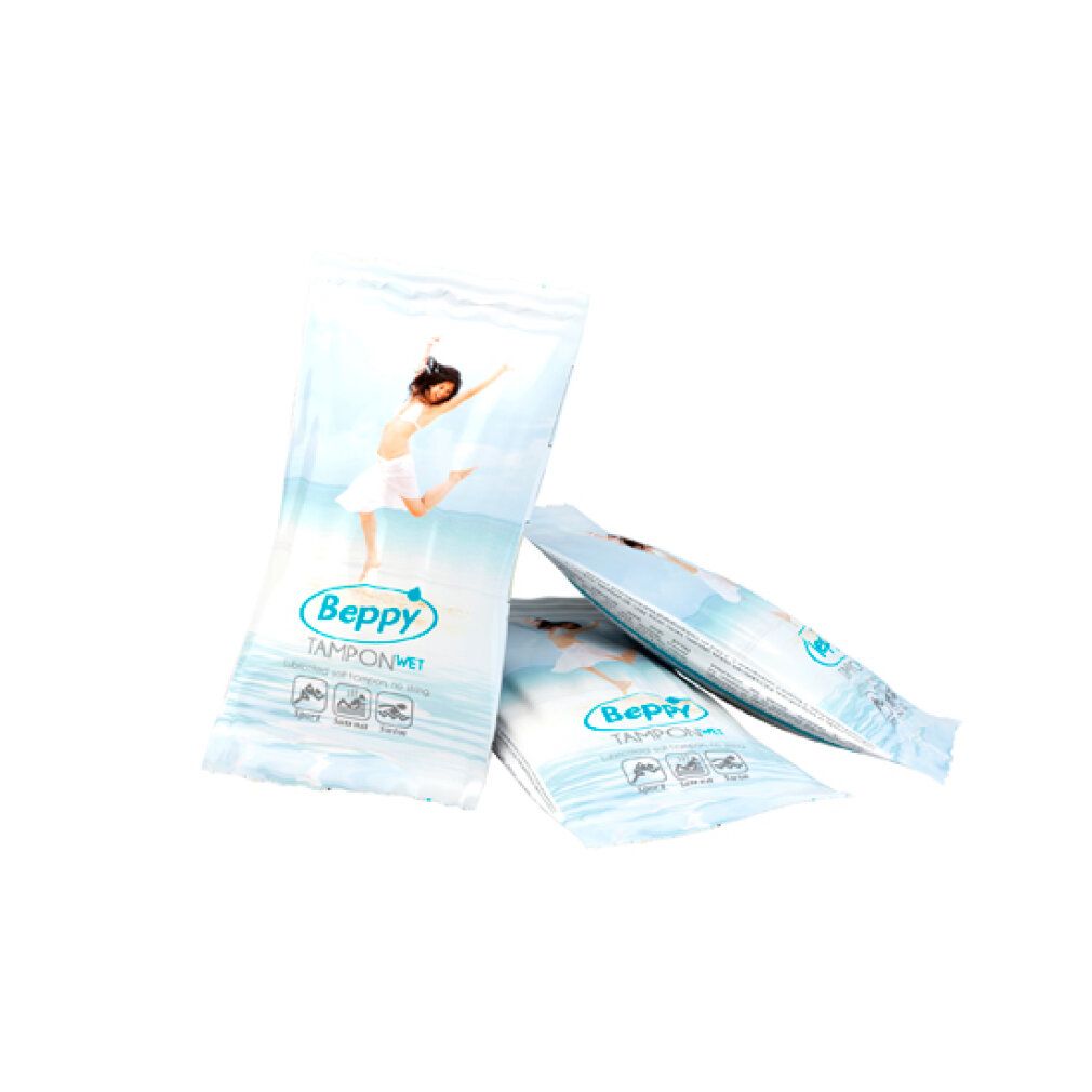 Tre tamponi Beppy confezionati singolarmente. Confezione blu e bianca con logo e nome del prodotto. Illustrazione di una donna.