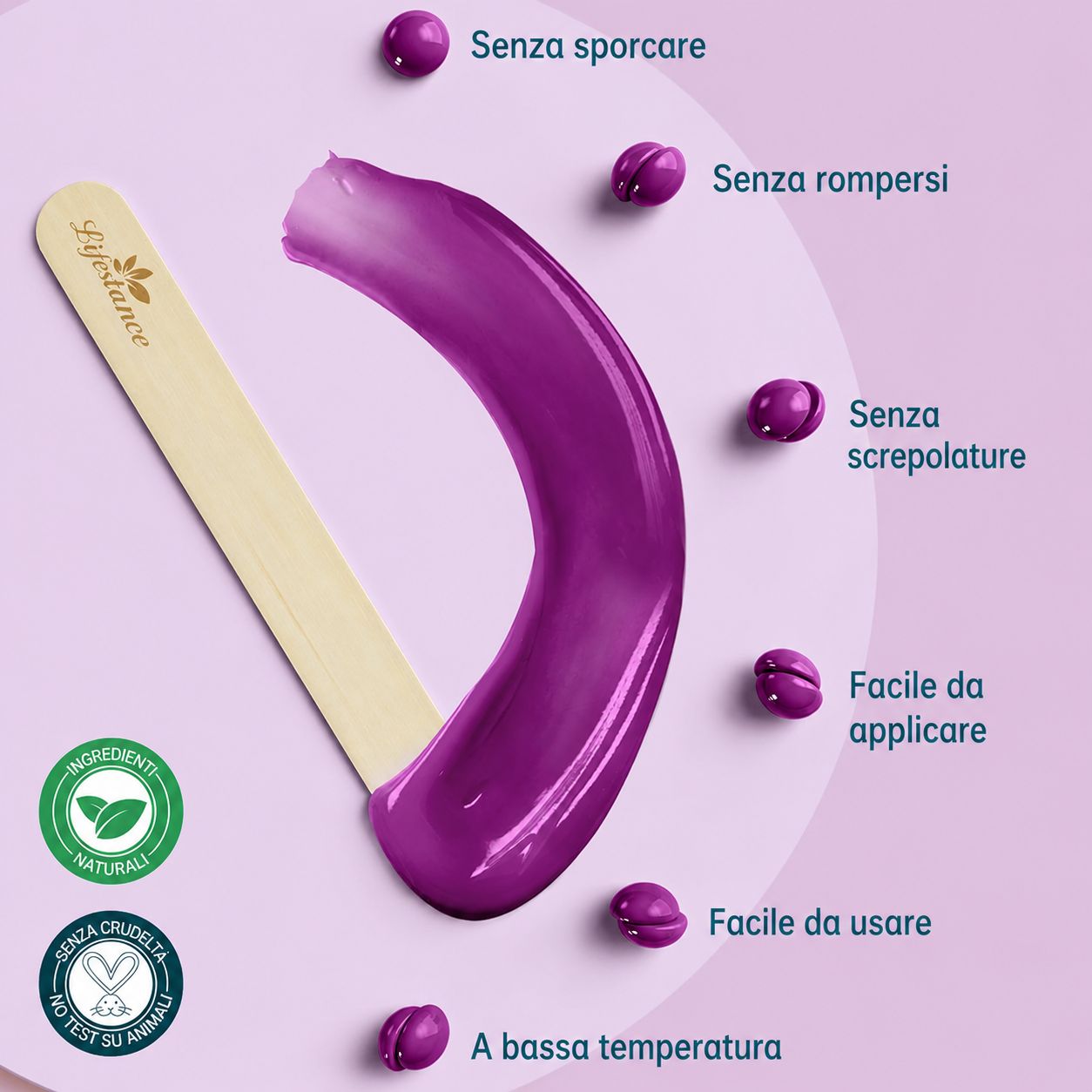 Perle di cera viola, cera su spatola di legno. Testo: Lifestance. Simboli: naturale, cruelty-free.
