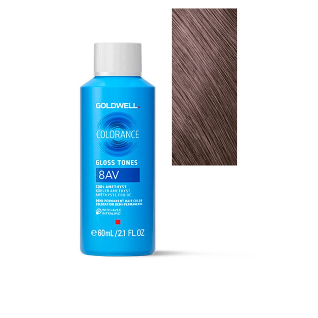 Goldwell Colorance Gloss Tones #8AV. Flacone di tinta per capelli e campione colore. Scritta: Cool Smokey Amethyst Frosted.