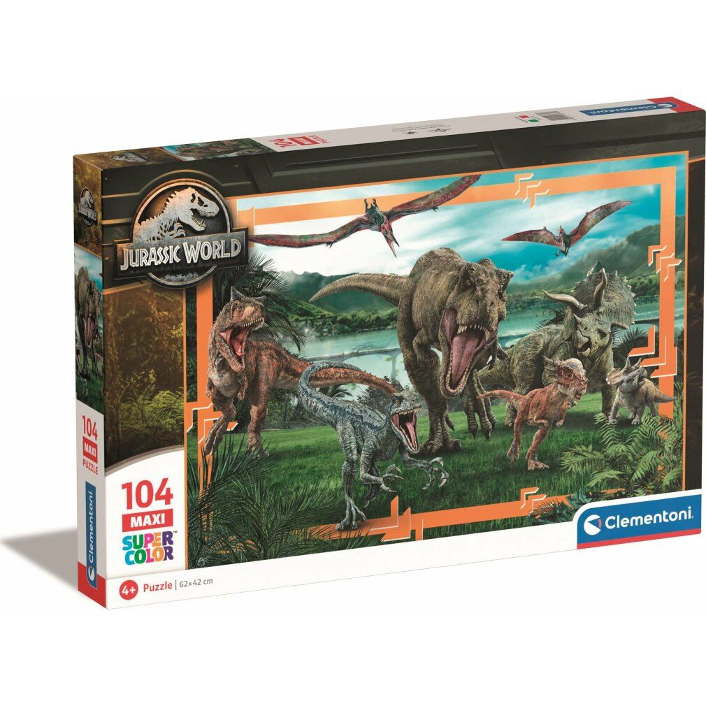 Scatola puzzle Jurassic World, 104 pezzi. Marchio Clementoni. Scritto: 104 Maxi Super Color. Età consigliata: 4+
