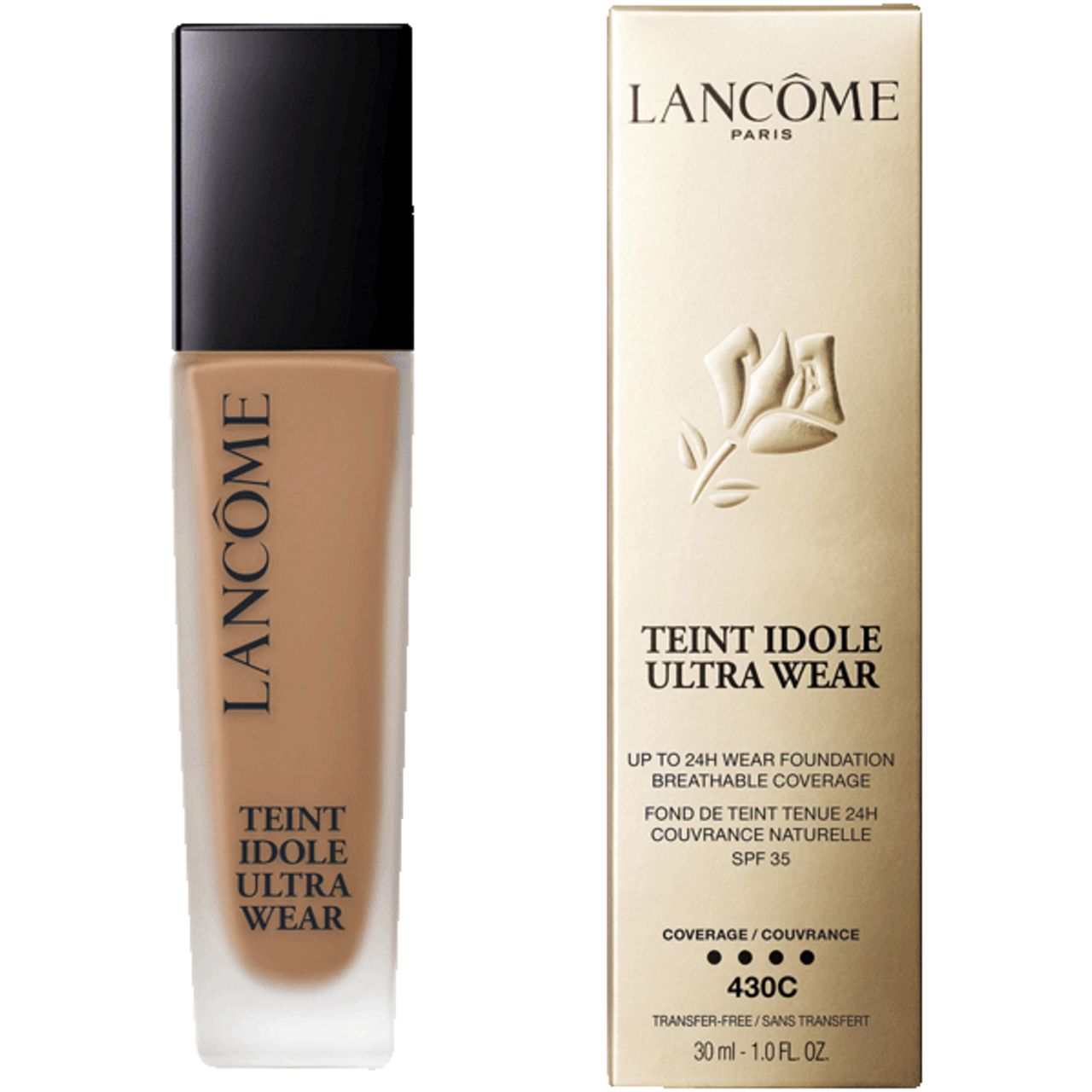 Fondotinta Lancôme Teint Idole Ultra Wear. Flacone e confezione. Tonalità 430C. SPF 35. 30 ml.