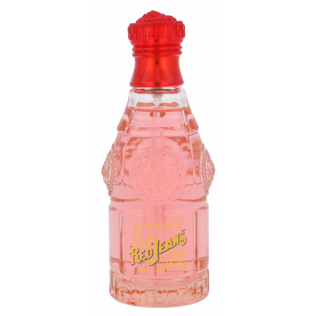 Flacone rosso con tappo rosso. Scritta: Versace Red Jeans. Liquido rosa nel flacone.