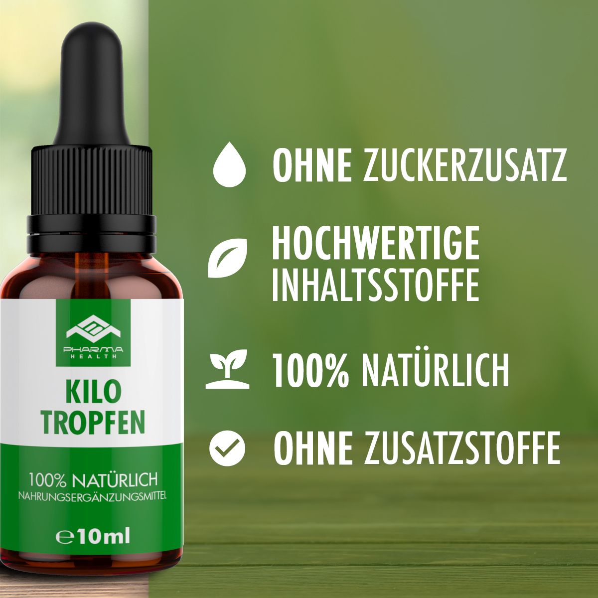 Flacone marrone con contagocce. Etichetta "Kilo Tropfen". Testo: "Senza zuccheri aggiunti", "Ingredienti di qualità", "100% naturale".