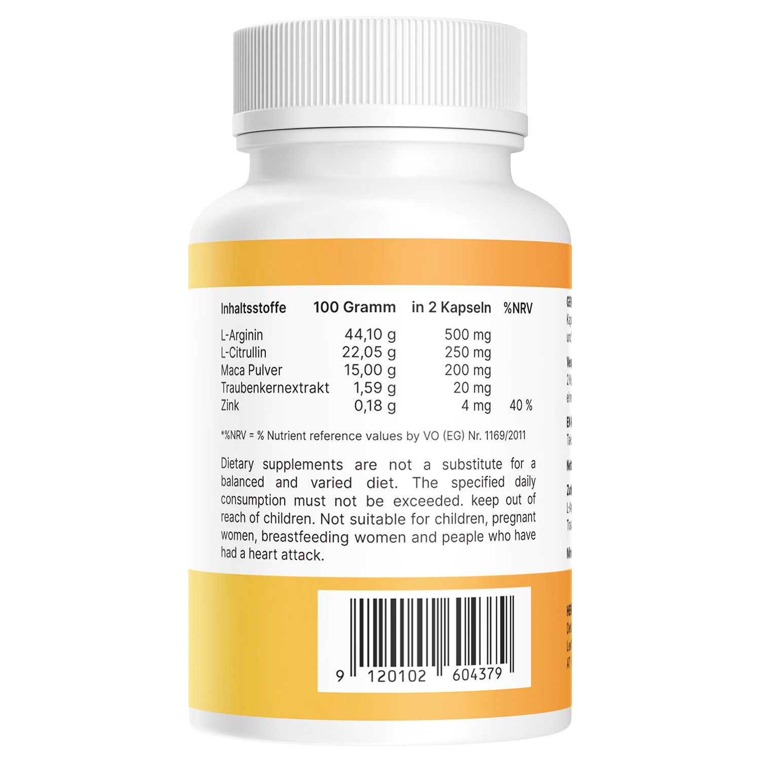 Retro del flacone di Vesax. Contiene informazioni nutrizionali e avvertenze. Confezione giallo-bianca.