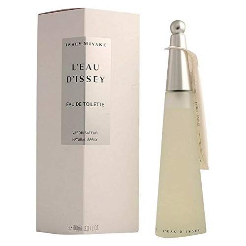Flacone di profumo e confezione. Scritta 'Issey Miyake L'Eau d'Issey Eau de Toilette'.