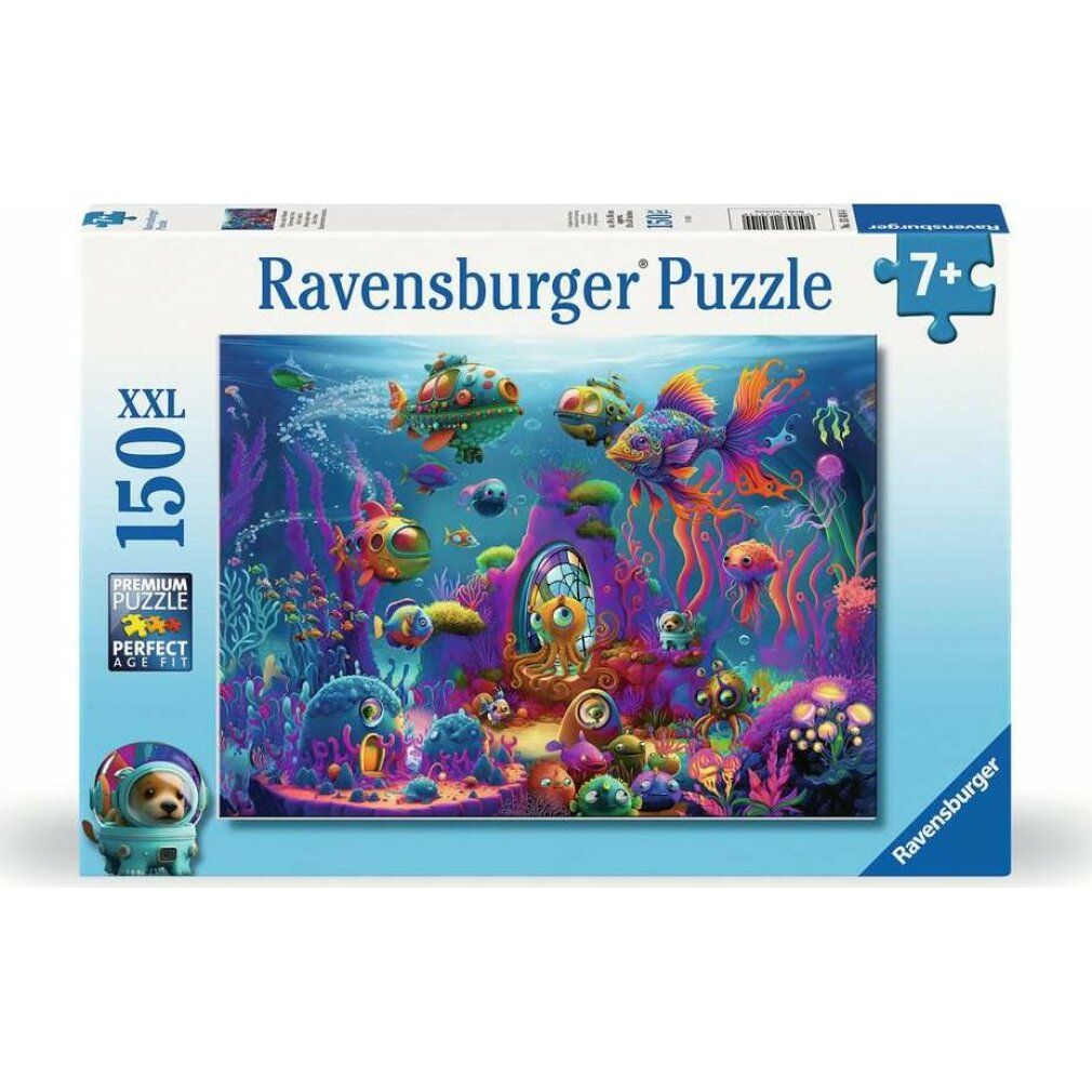 Scatola puzzle Ravensburger. Soggetto: mondo sottomarino con pesci e sottomarini. Testo: XXL 150 pezzi. Età: 7+.