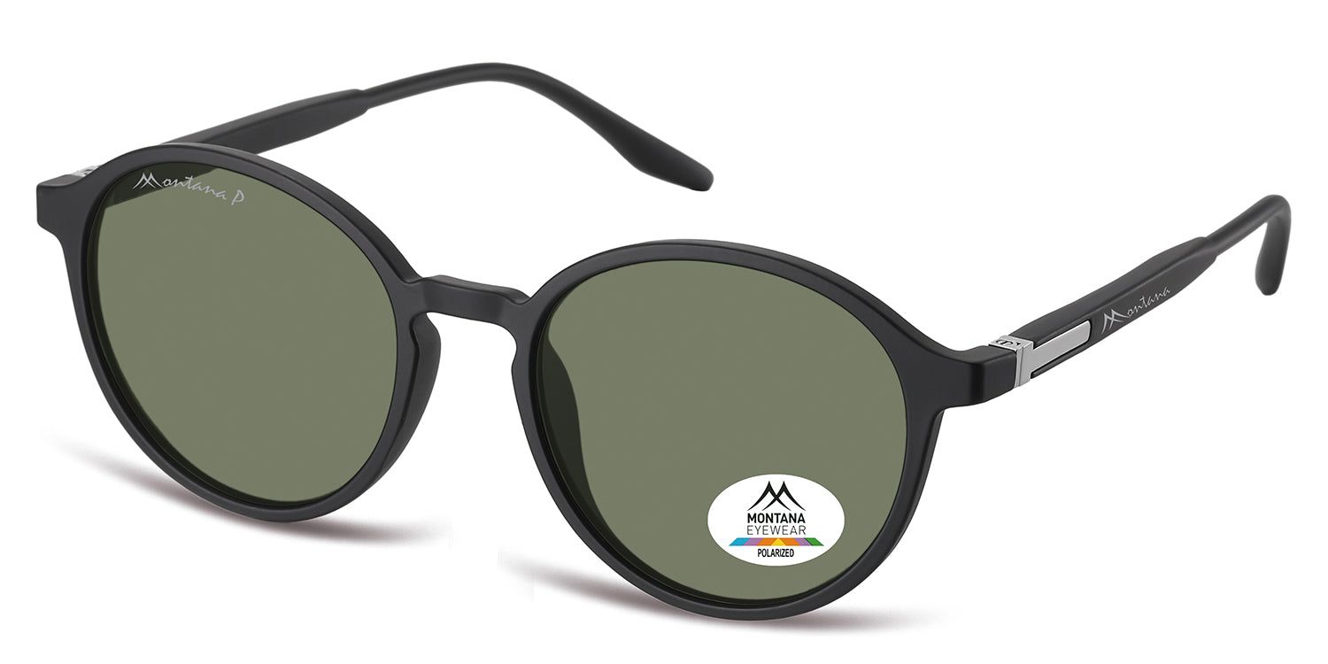 Occhiali da sole rotondi neri, vista laterale. Logo Montana Eyewear sulla stanghetta. Adesivo polarizzato sulla lente.