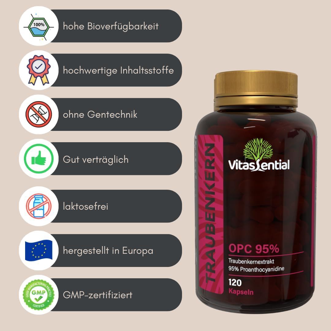 Flacone marrone con coperchio dorato. Etichetta con informazioni sul prodotto. 120 capsule. Certificazione GMP.
