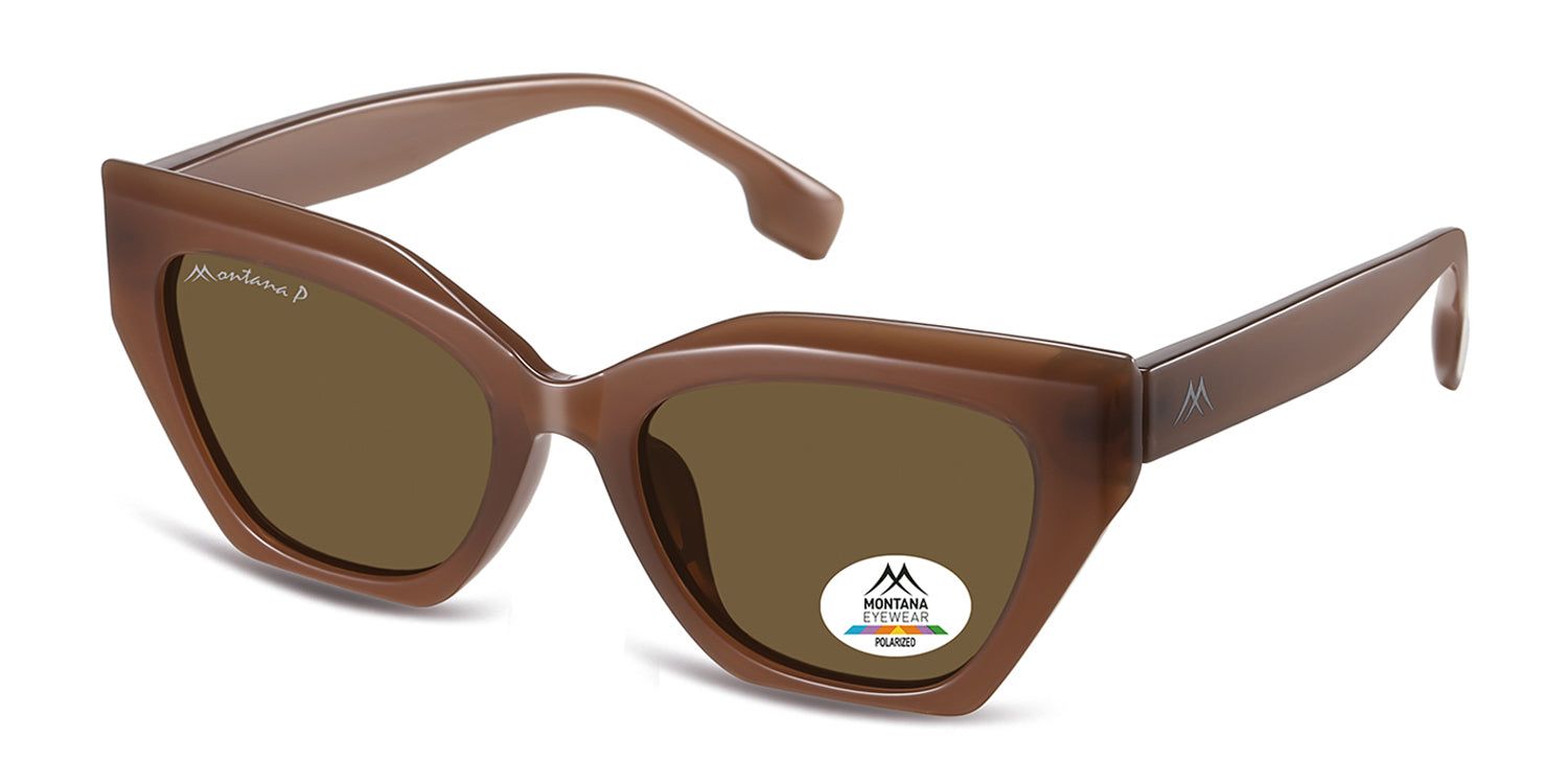 Occhiali da sole marroni, vista laterale. Logo Montana Eyewear sulla lente. Lenti polarizzate.