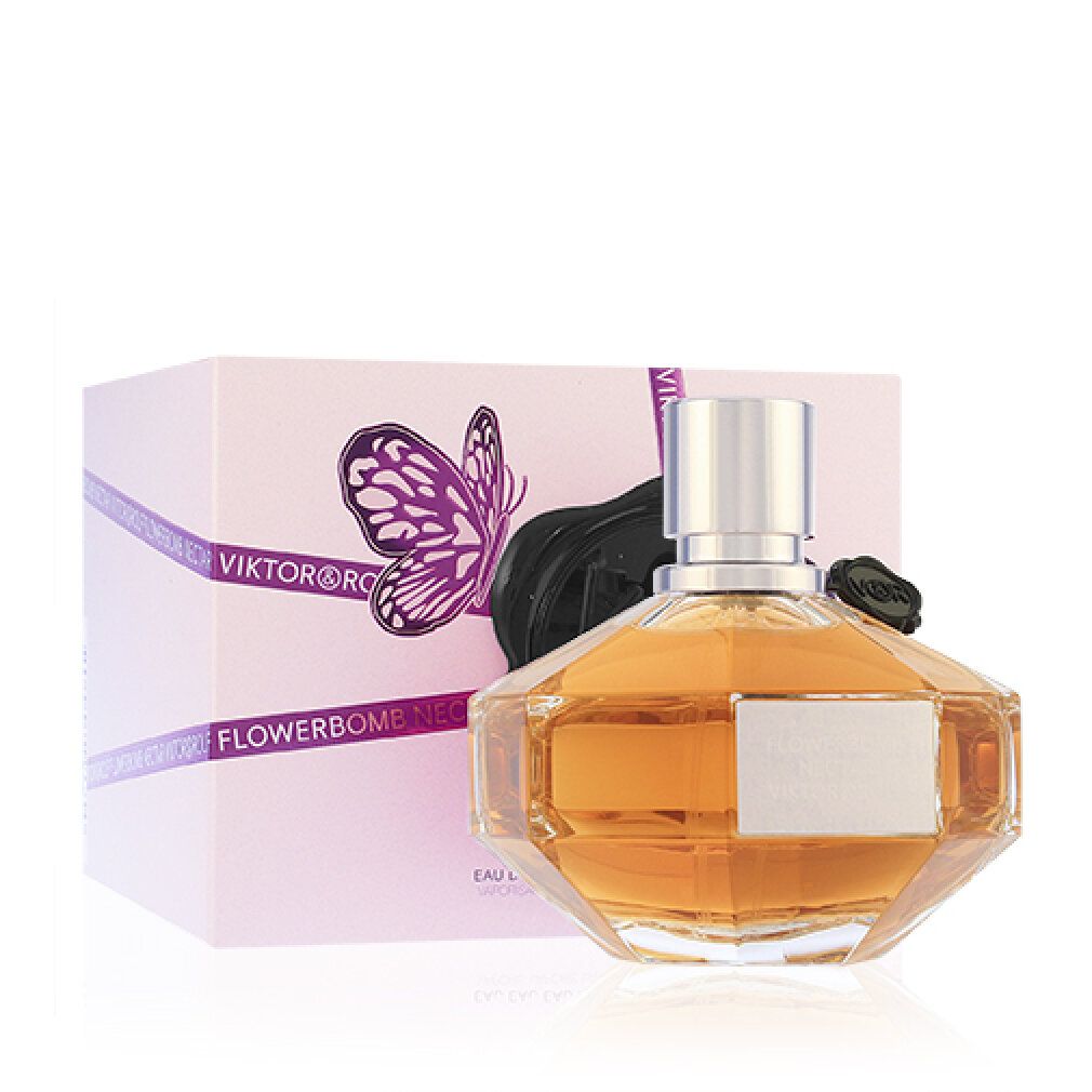 Flacone e scatola. Scritta: Flowerbomb Nectar Viktor & Rolf. Sigillo nero con logo V&R. Farfalla sulla scatola.