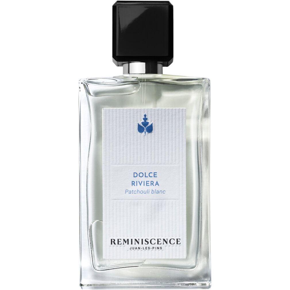 Flacone di profumo con tappo nero. Etichetta bianca con decoro blu e scritta Dolce Riviera. Marchio Reminiscence.