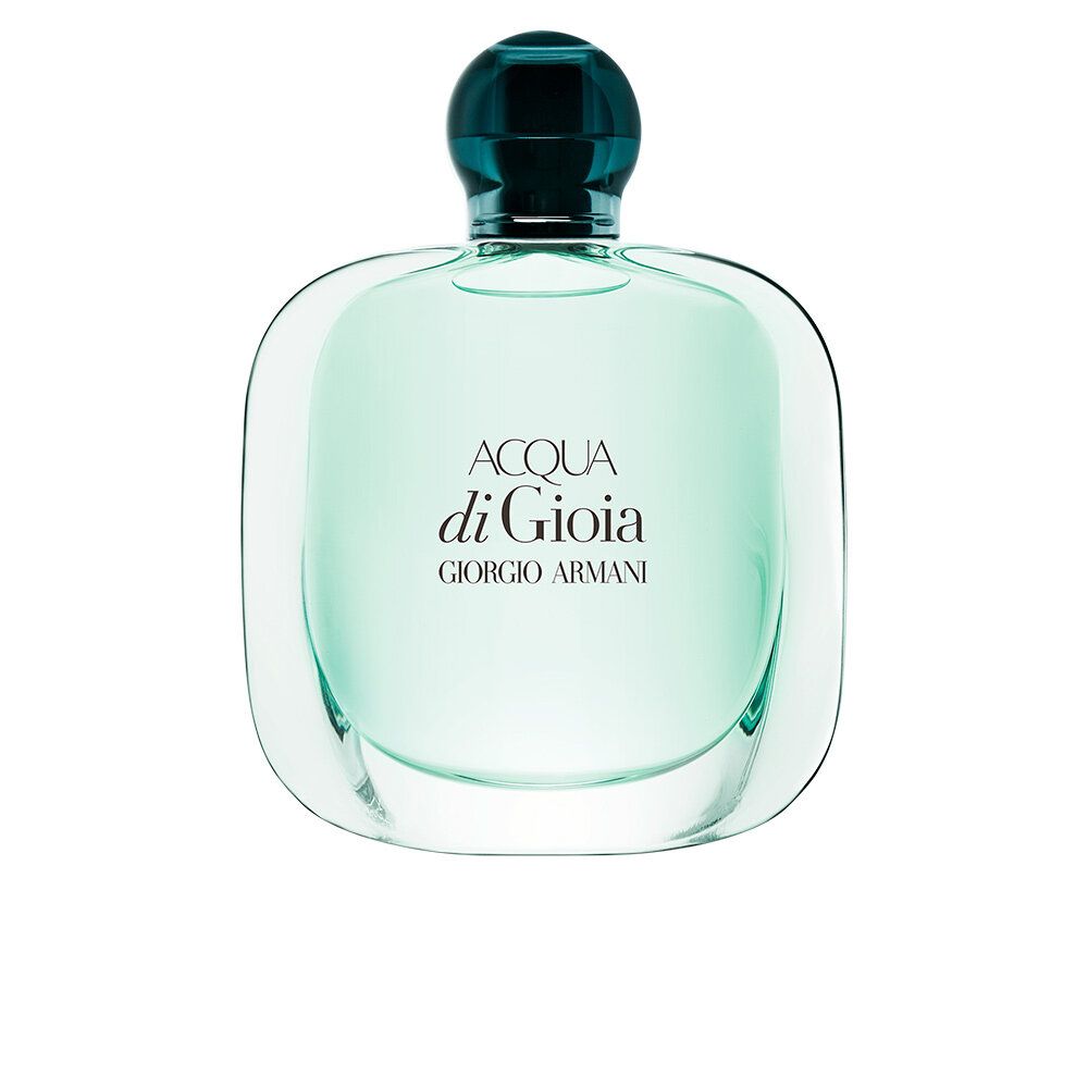 Flacone rotondo ACQUA di GIOIA. Tappo verde. Scritta: ACQUA di GIOIA, GIORGIO ARMANI.