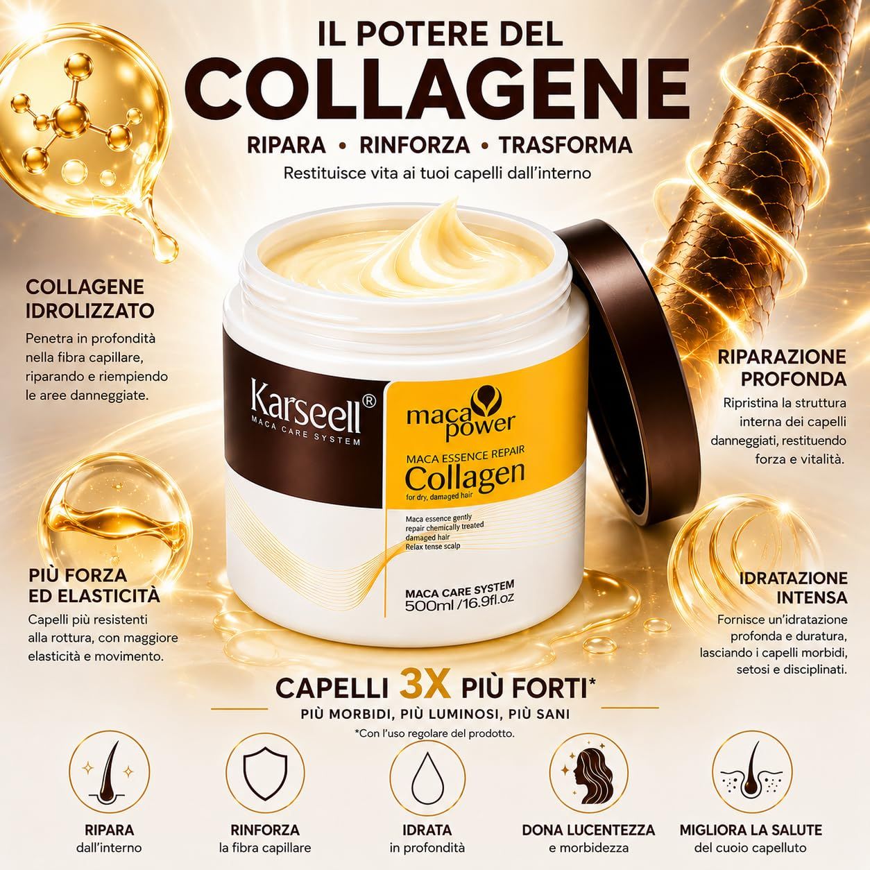 KARSEELL Maschera Capelli al Collagene Ripara Idrata Nutre Capelli Secchi e Danneggiati