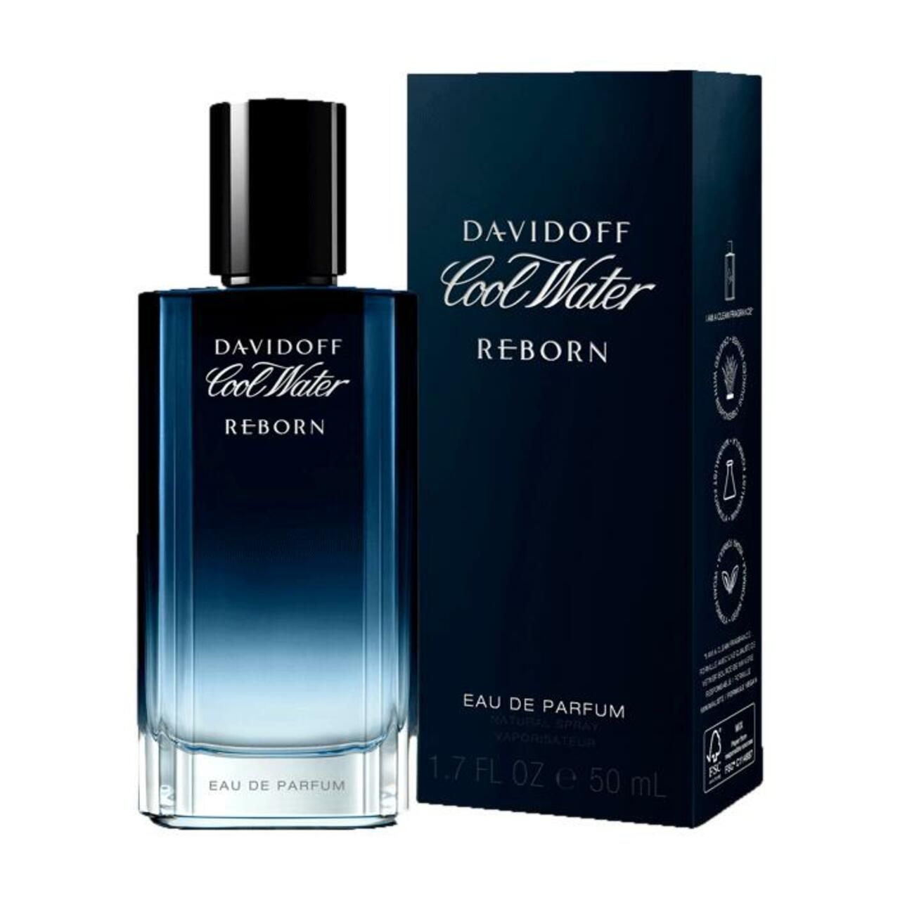 Flacone e confezione. Flacone in vetro sfumato blu, tappo nero. Confezione blu, scritta: Davidoff Cool Water Reborn.