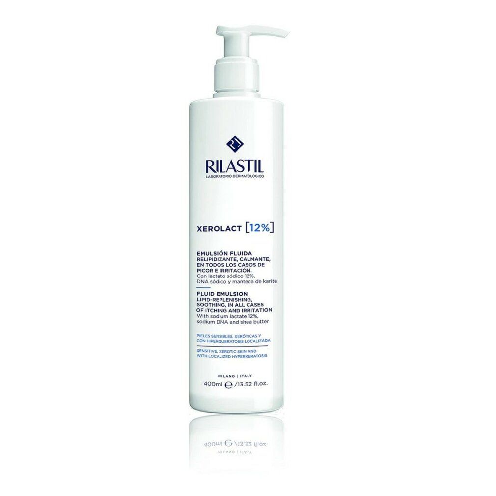 Flacone bianco con dosatore. Scritta: Rilastil Xerolact 12%. Testo in italiano e inglese. 400ml.