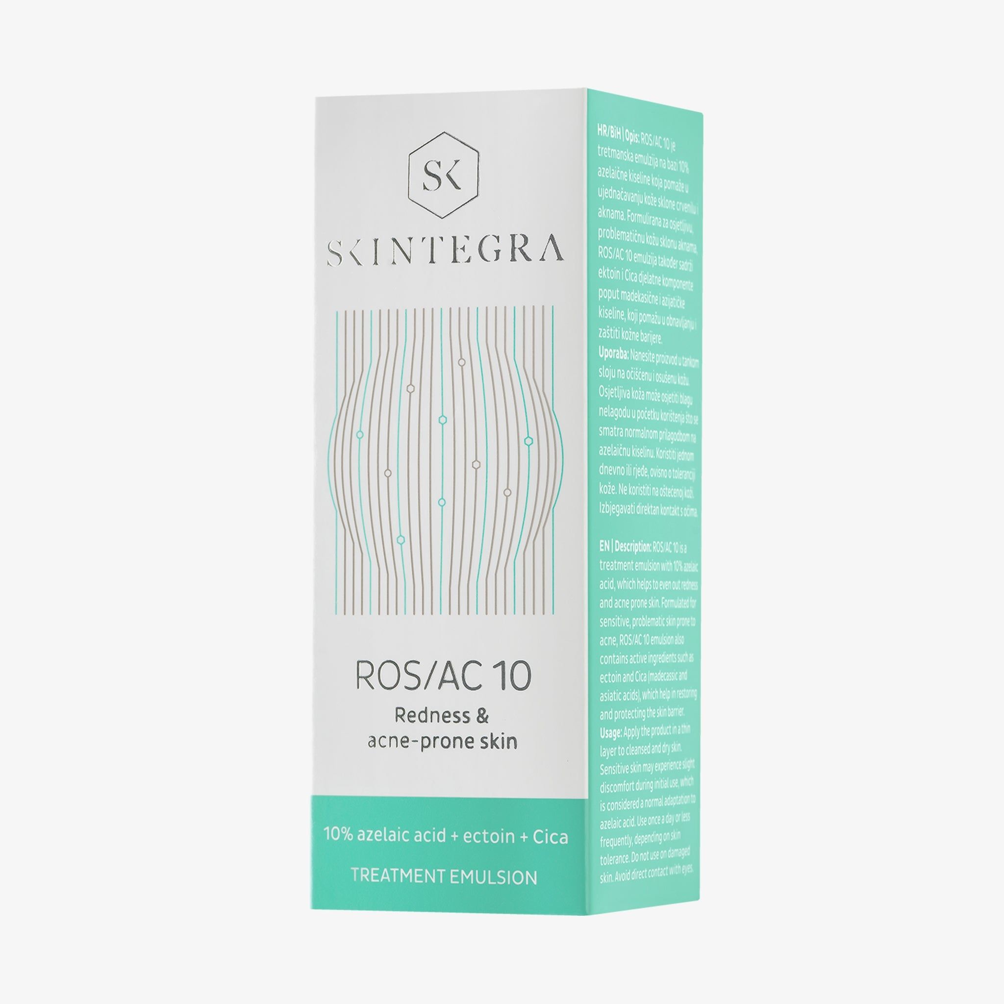 Confezione verde. Scritta: Skintegra, ROS/AC 10, Redness & acne-prone skin. Testo: 10% azelaic acid + ectoin + Cica.
