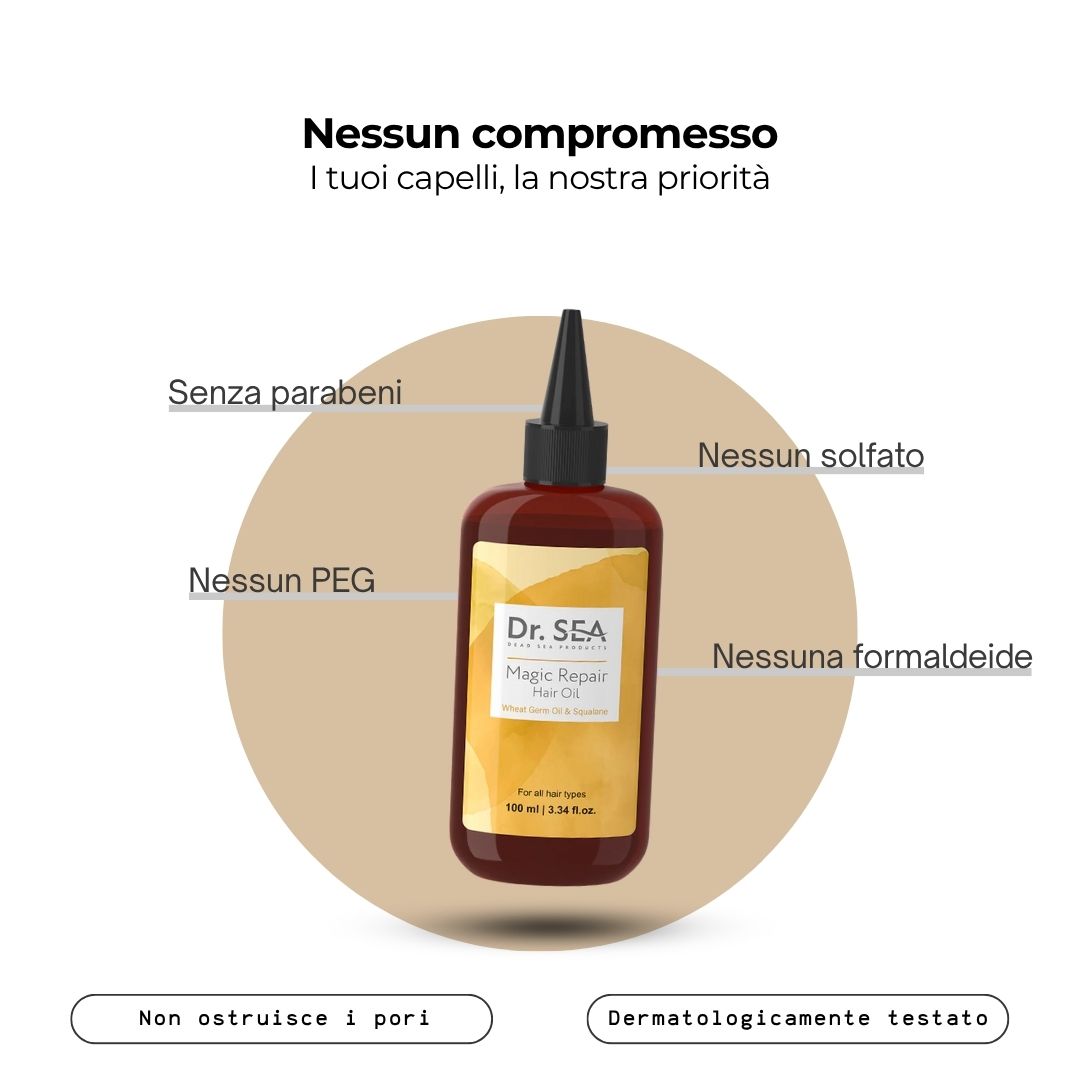 Flacone del prodotto con testo. Testo: Senza parabeni, solfati, PEG, formaldeide. Dermatologicamente testato. Non ostruisce i pori.