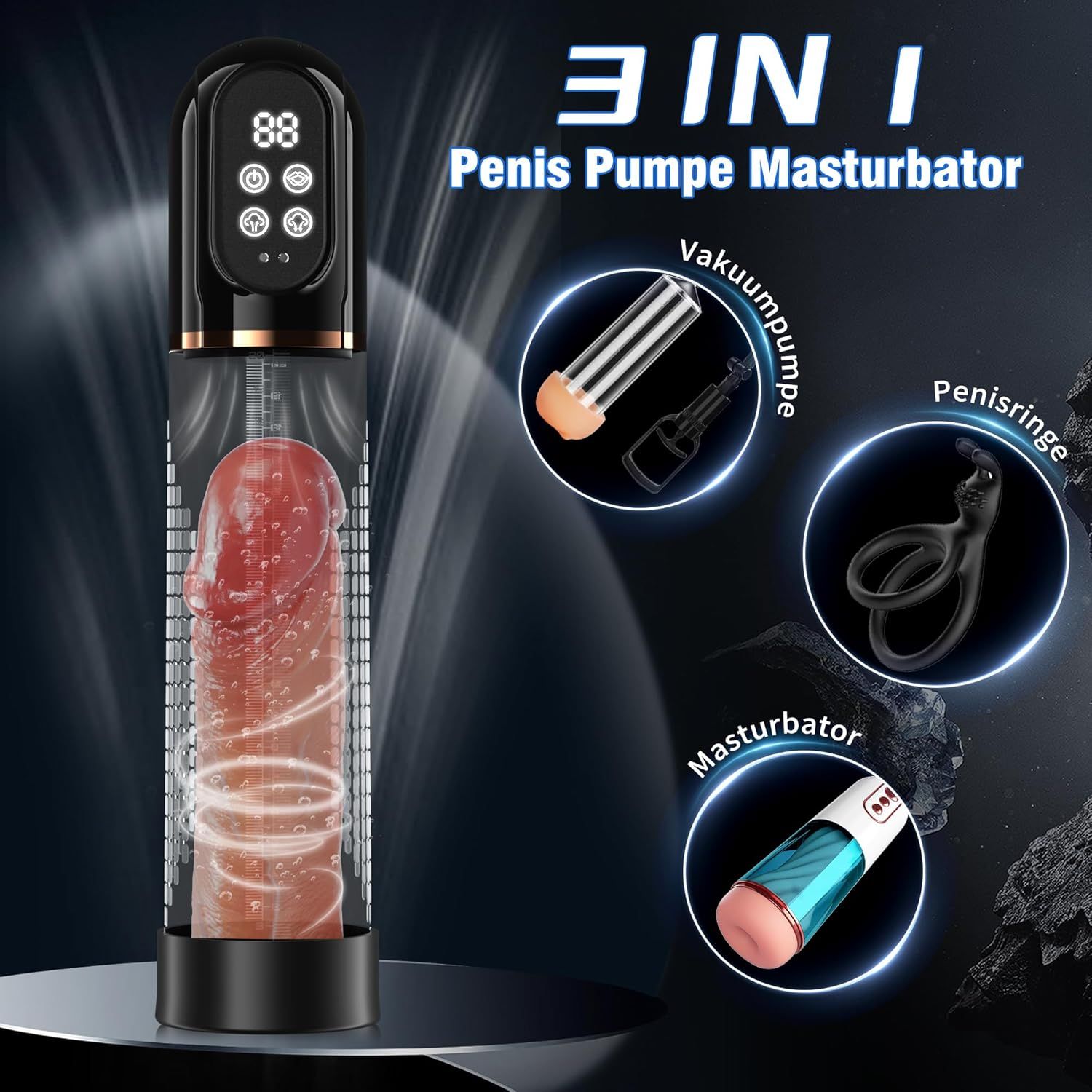 Pompa con display digitale. Include pompa a vuoto, anelli per il pene e masturbatore. Corpo nero.