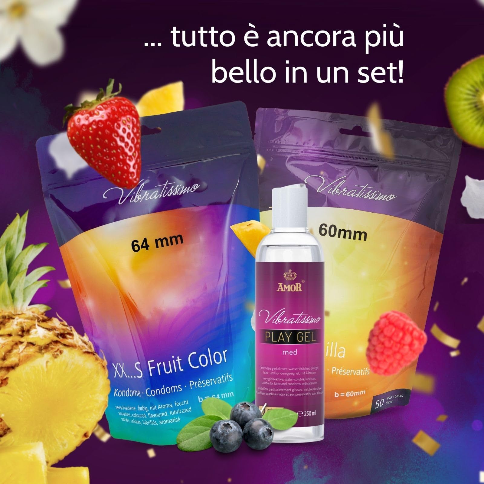 Preservativi Vibratissimo XXS Fruit Color, 64 mm, e Play Gel Vibratissimo.
