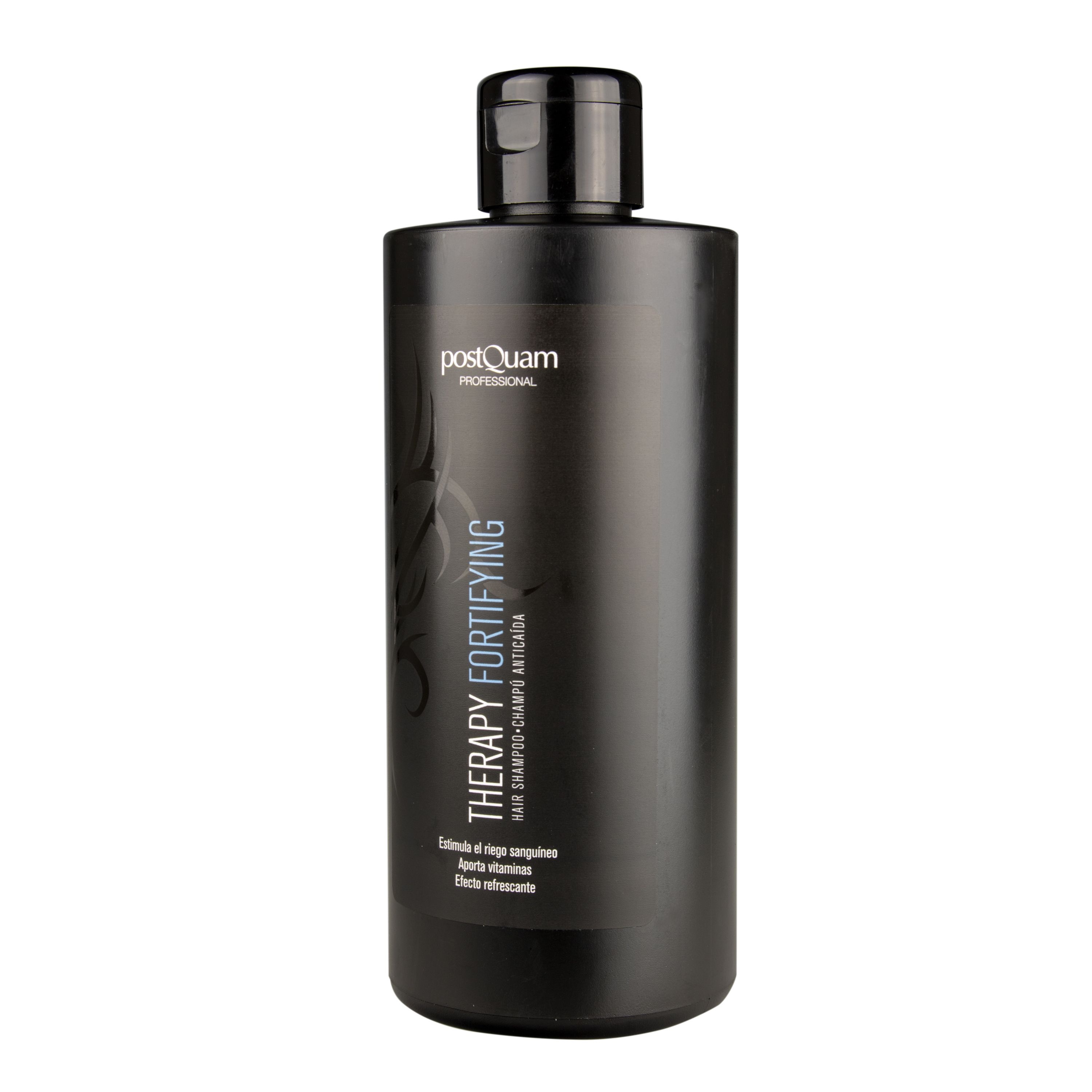 Flacone di shampoo nero con testo "Postquam Professional" e "Therapy Fortifying".