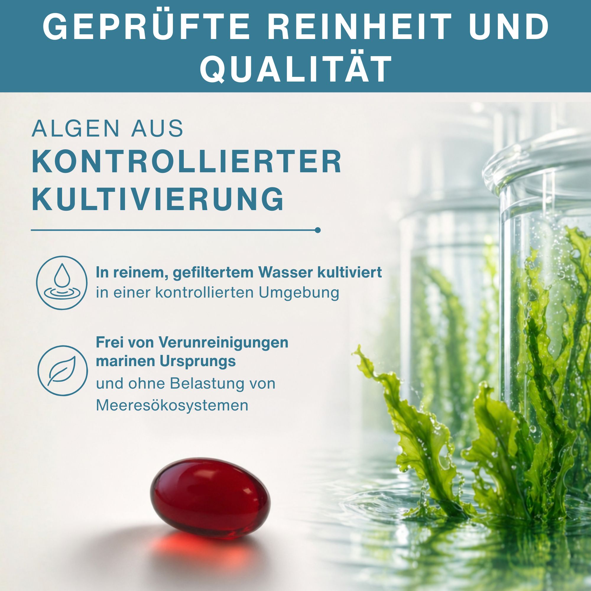 Flacone di capsule Omega-3. Contiene DHA, EPA e Astaxantina. Prodotto nel Regno Unito.