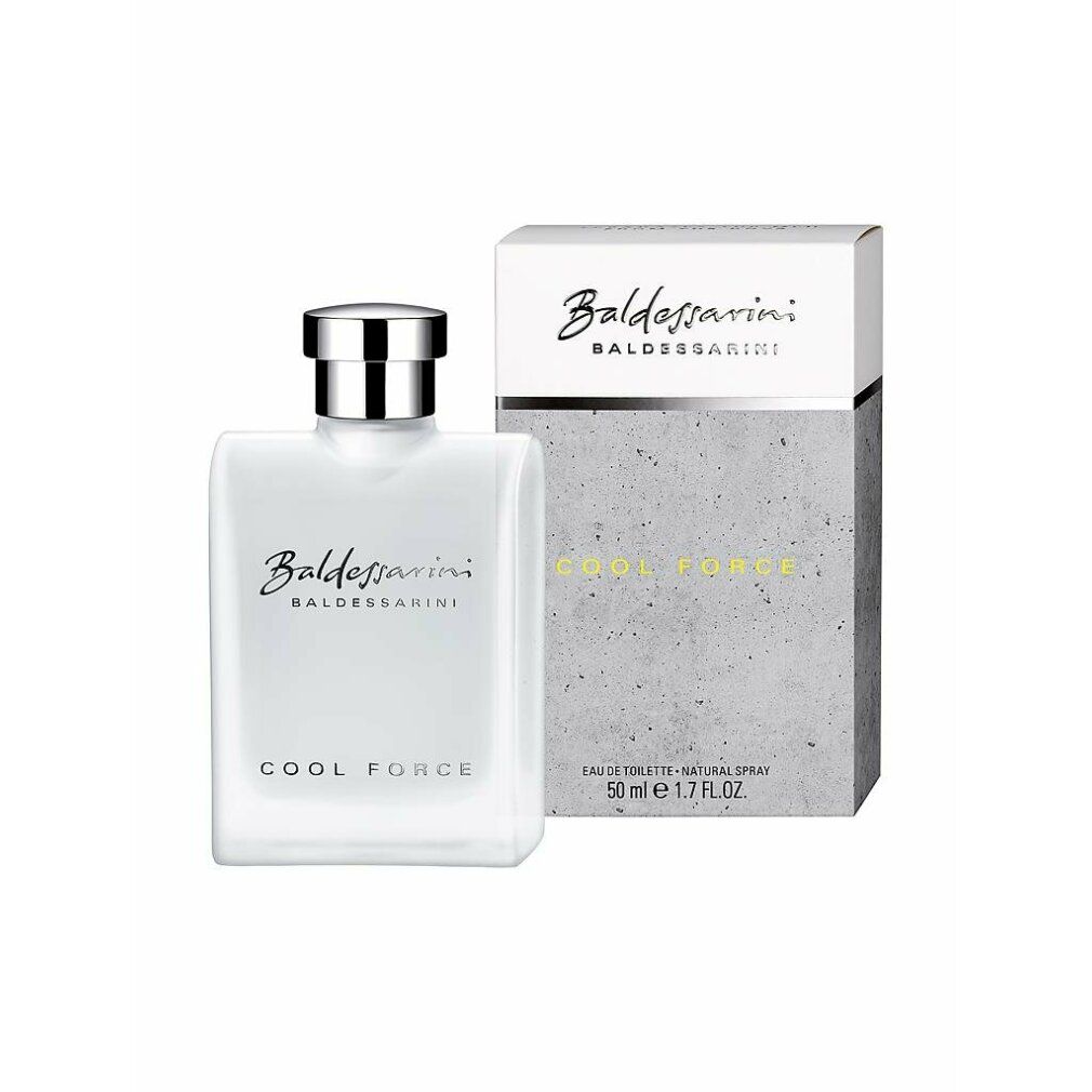 Flacone e confezione. Flacone rettangolare, tappo argentato. Confezione con scritta 'Baldessarini' e 'COOL FORCE'.