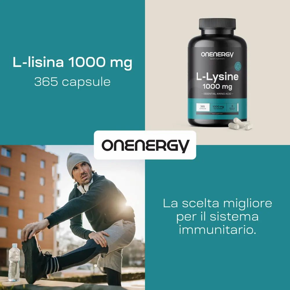 Una donna con cuffie sta all'aperto. Un barattolo di L-Lysine 1000 mg è in alto a destra.