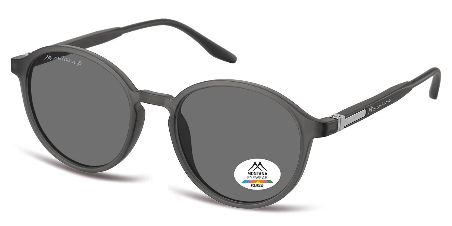 Occhiali da sole rotondi grigi. Logo Montana Eyewear sull'asta. Adesivo polarizzato sulla lente.