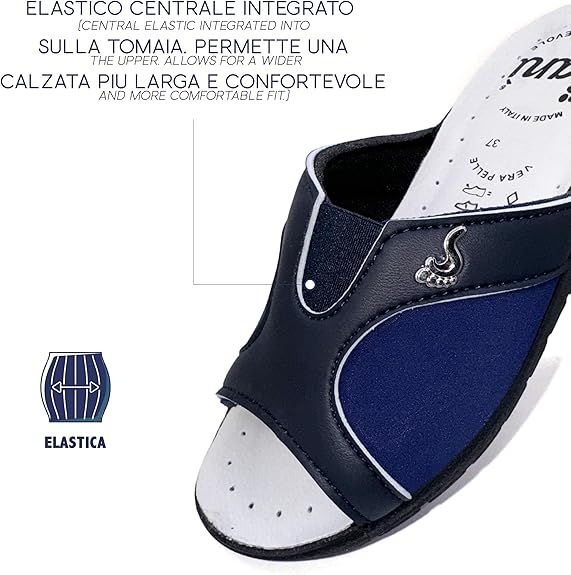 Dettaglio della pantofola. Inserto elastico per una calzata più ampia. Logo sulla soletta. Made in Italy.